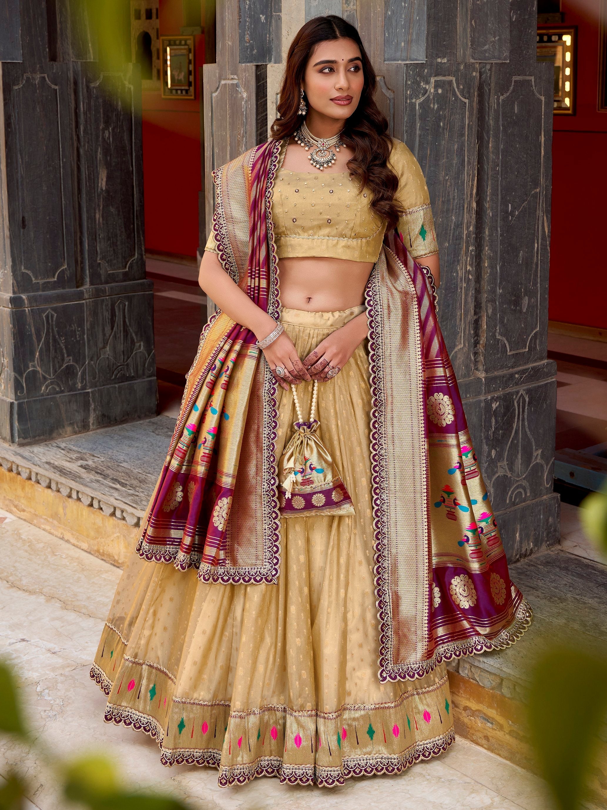 Cream Silk Zari Weaving Festive Lehenga Choli With Dupatta