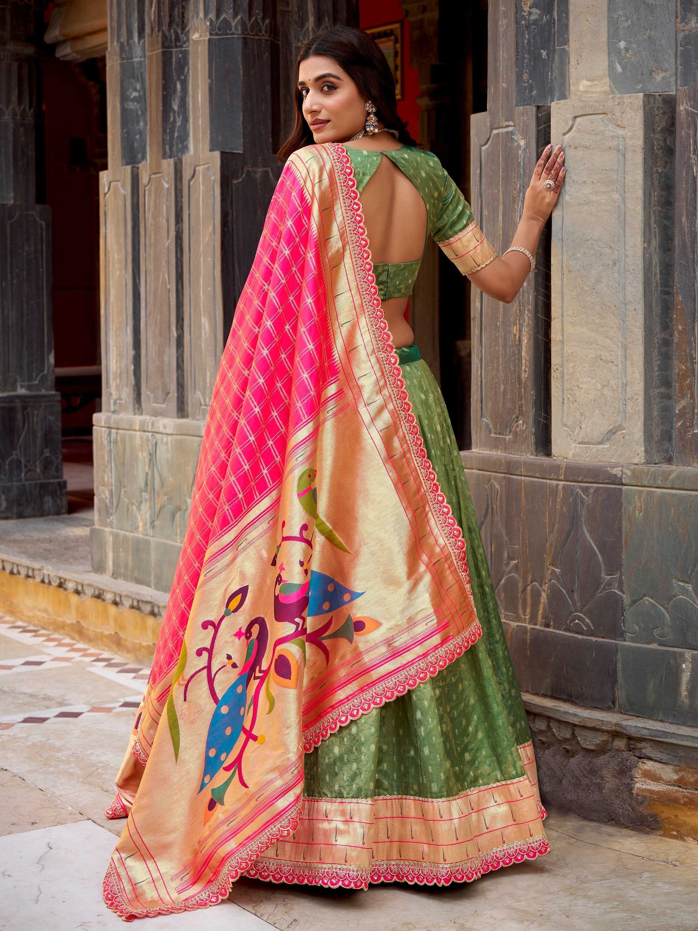 Green Silk Zari Weaving Mehendi Wear Lehenga With Blouse