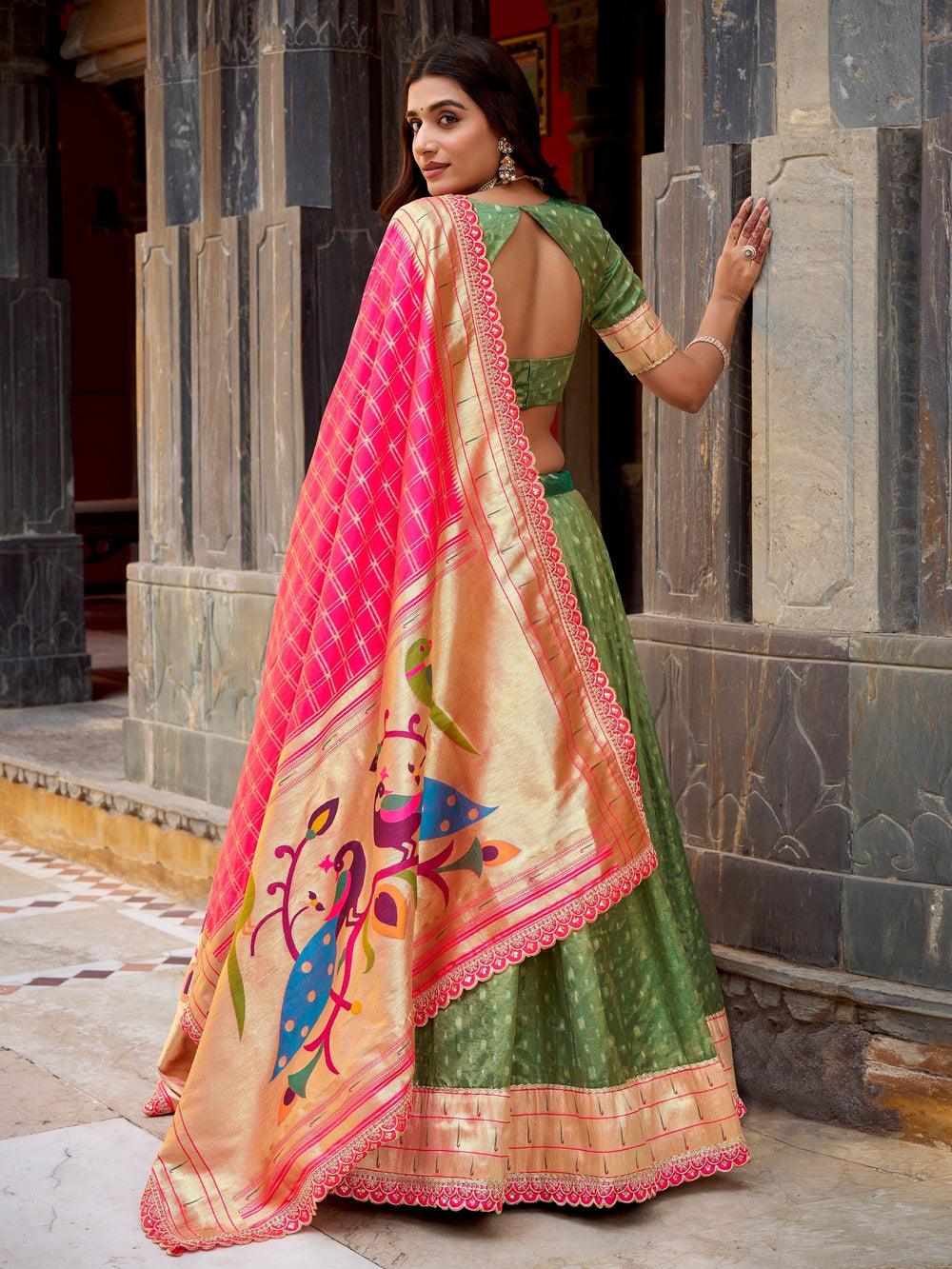 Green Silk Zari Weaving Mehendi Wear Lehenga With Blouse