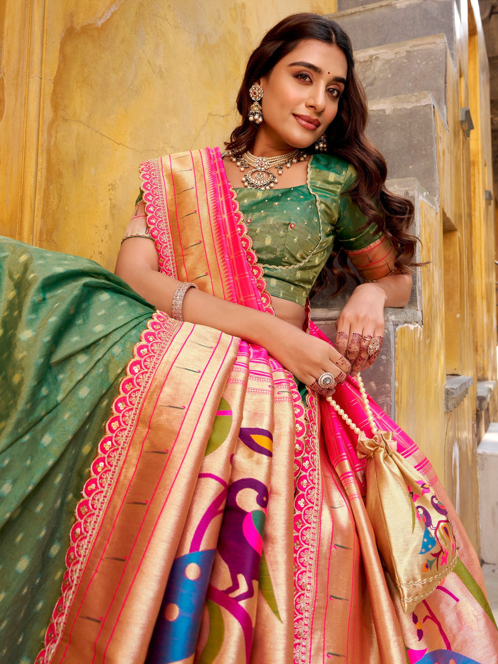 Green Silk Zari Weaving Mehendi Wear Lehenga With Blouse