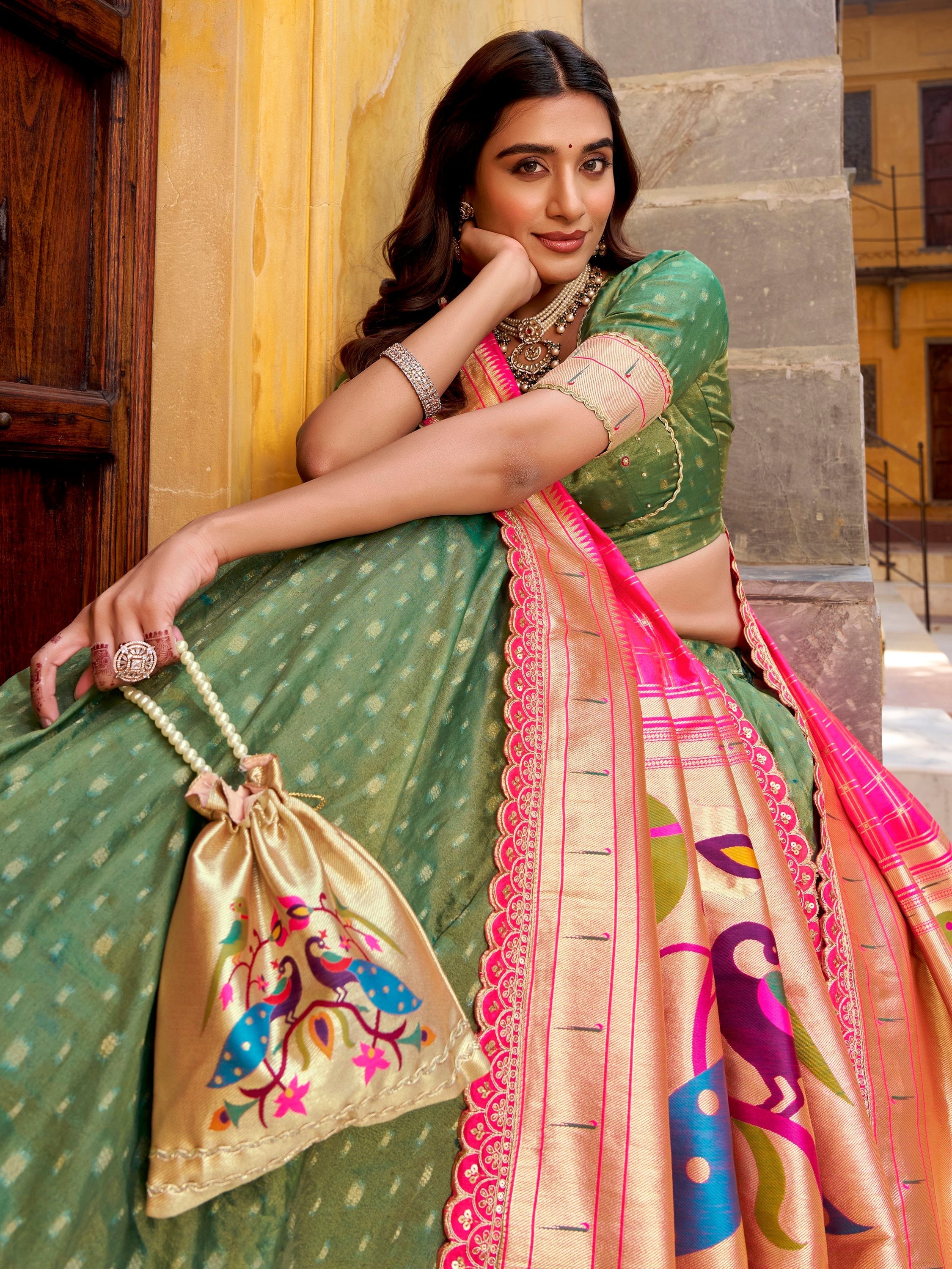 Green Silk Zari Weaving Mehendi Wear Lehenga With Blouse