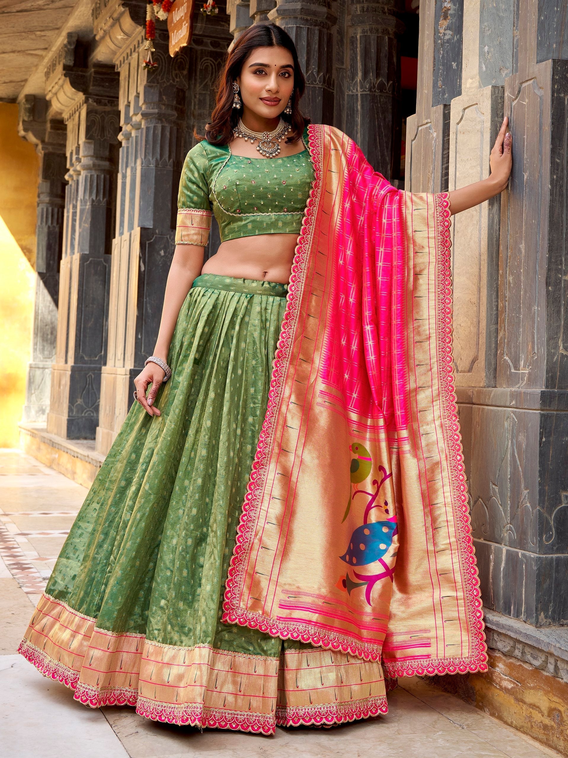 Green Silk Zari Weaving Mehendi Wear Lehenga With Blouse
