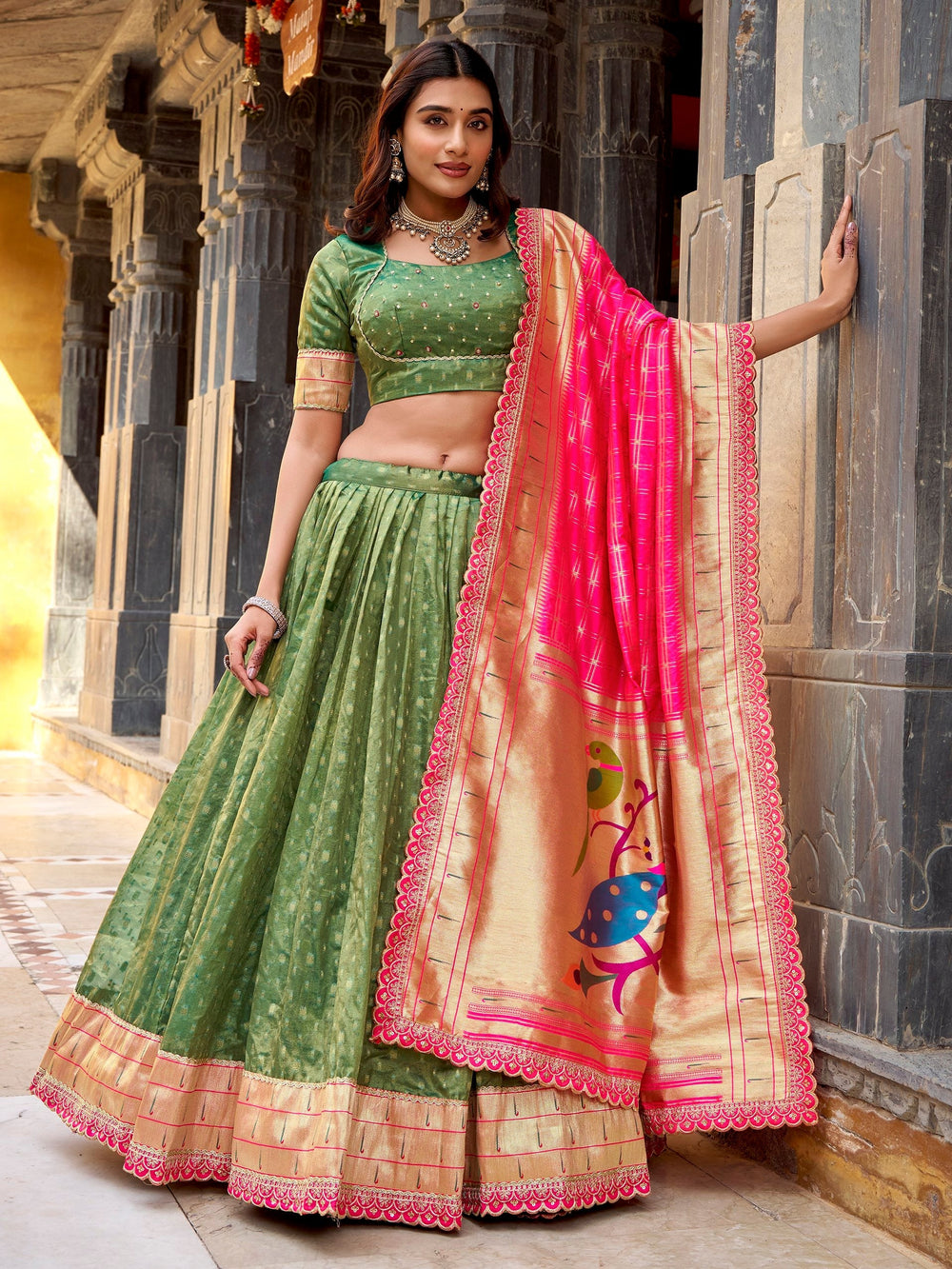 Green Silk Zari Weaving Mehendi Wear Lehenga With Blouse