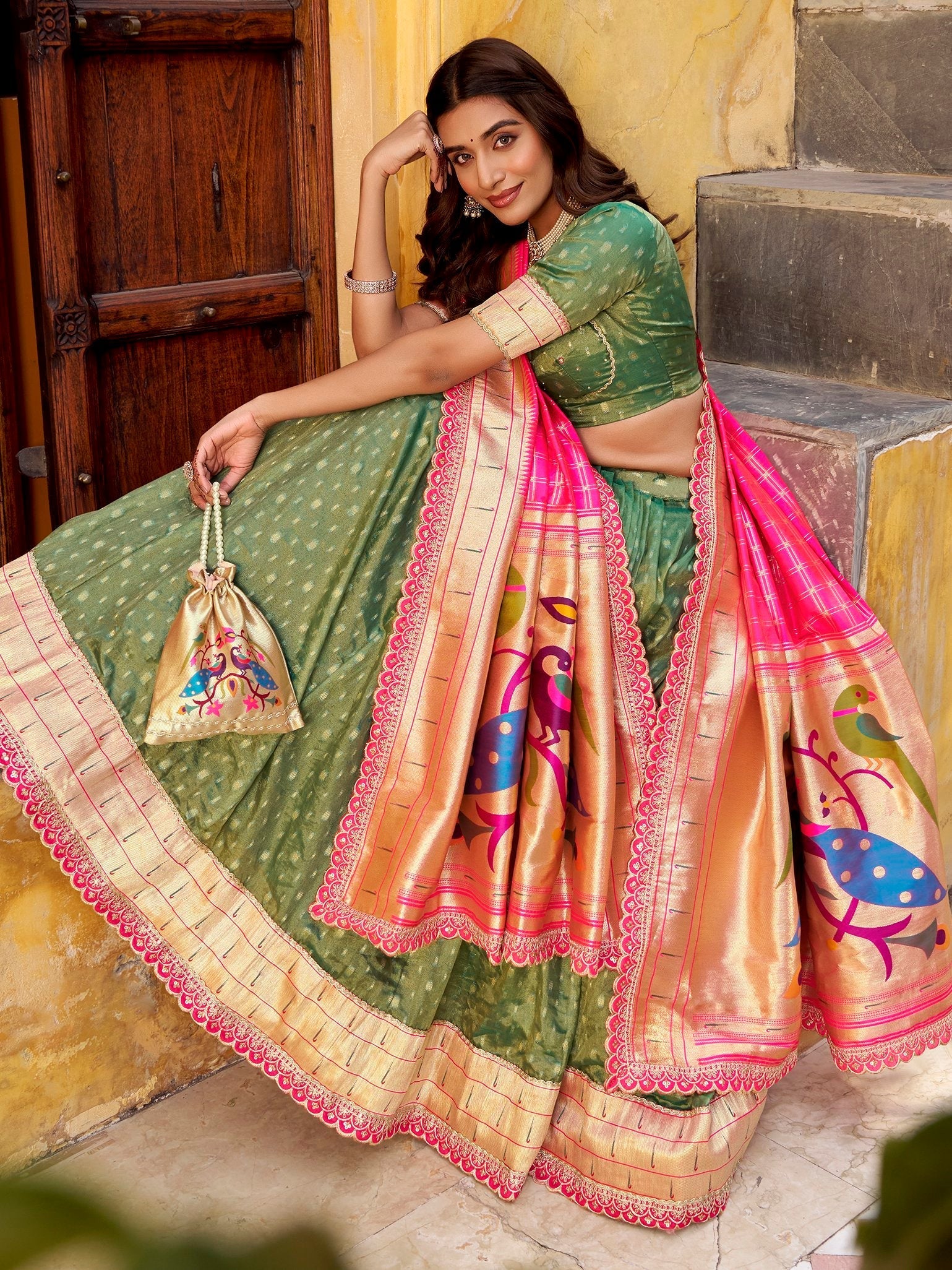 Green Silk Zari Weaving Mehendi Wear Lehenga With Blouse