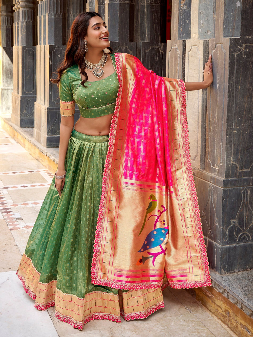 Green Silk Zari Weaving Mehendi Wear Lehenga With Blouse