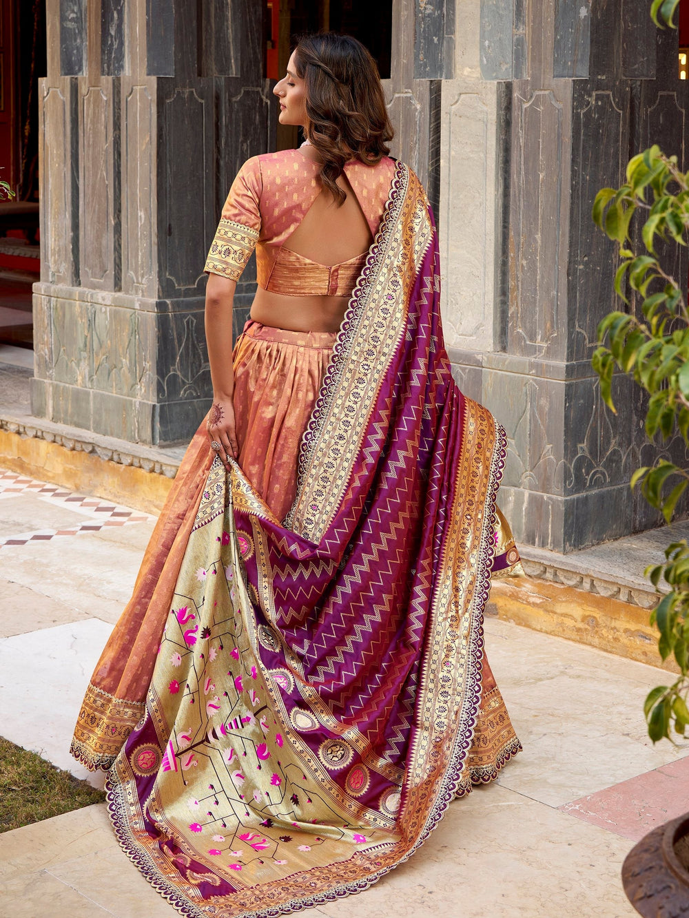Peach Silk Zari Weaving Wedding Lehenga Choli With Dupatta