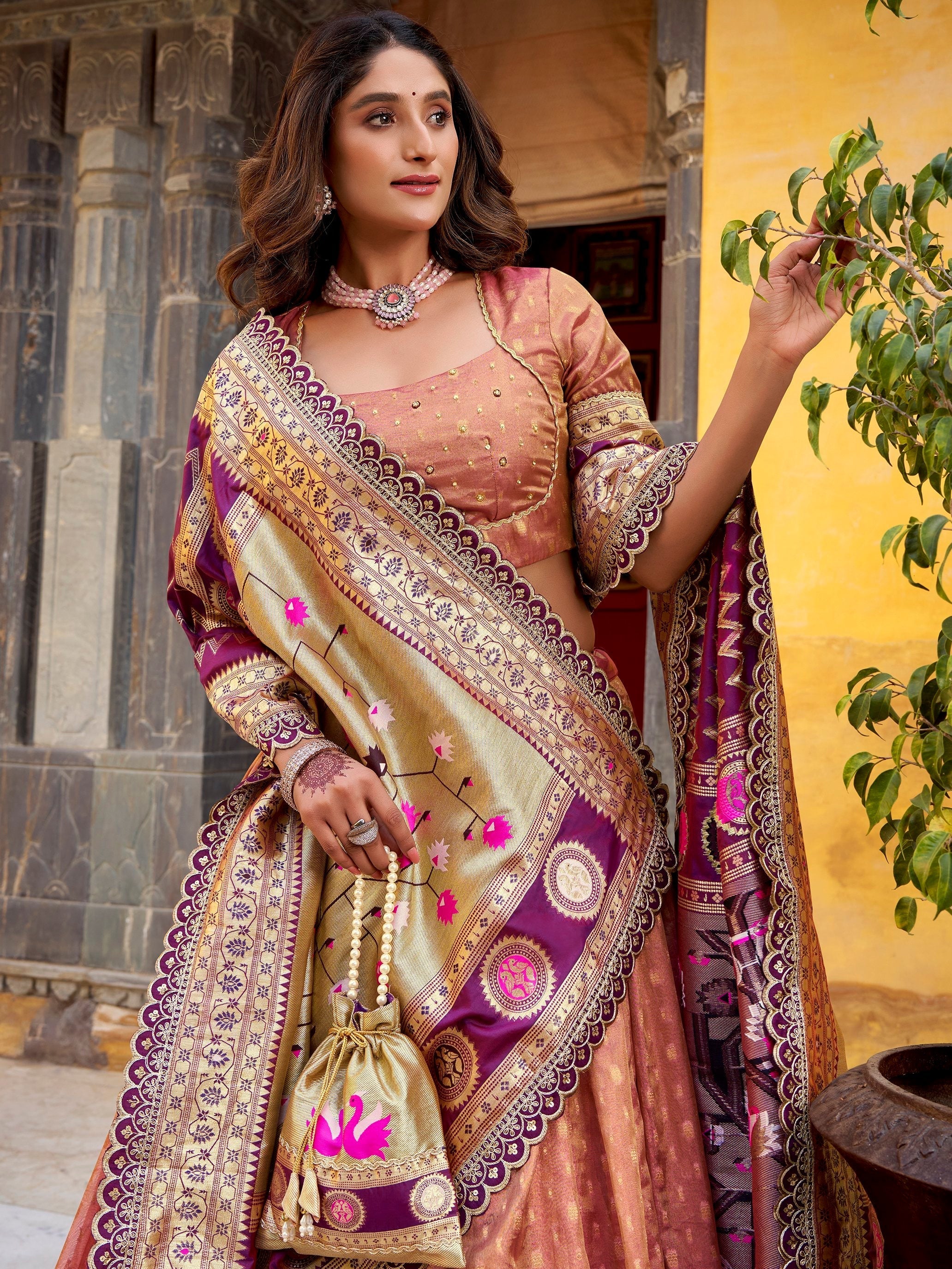Peach Silk Zari Weaving Wedding Lehenga Choli With Dupatta