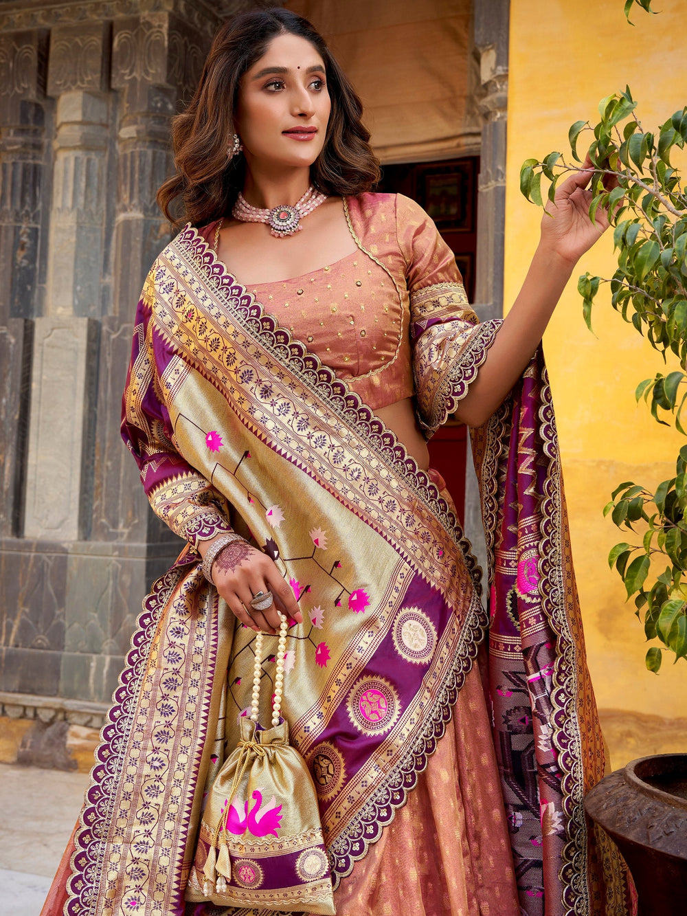 Peach Silk Zari Weaving Wedding Lehenga Choli With Dupatta