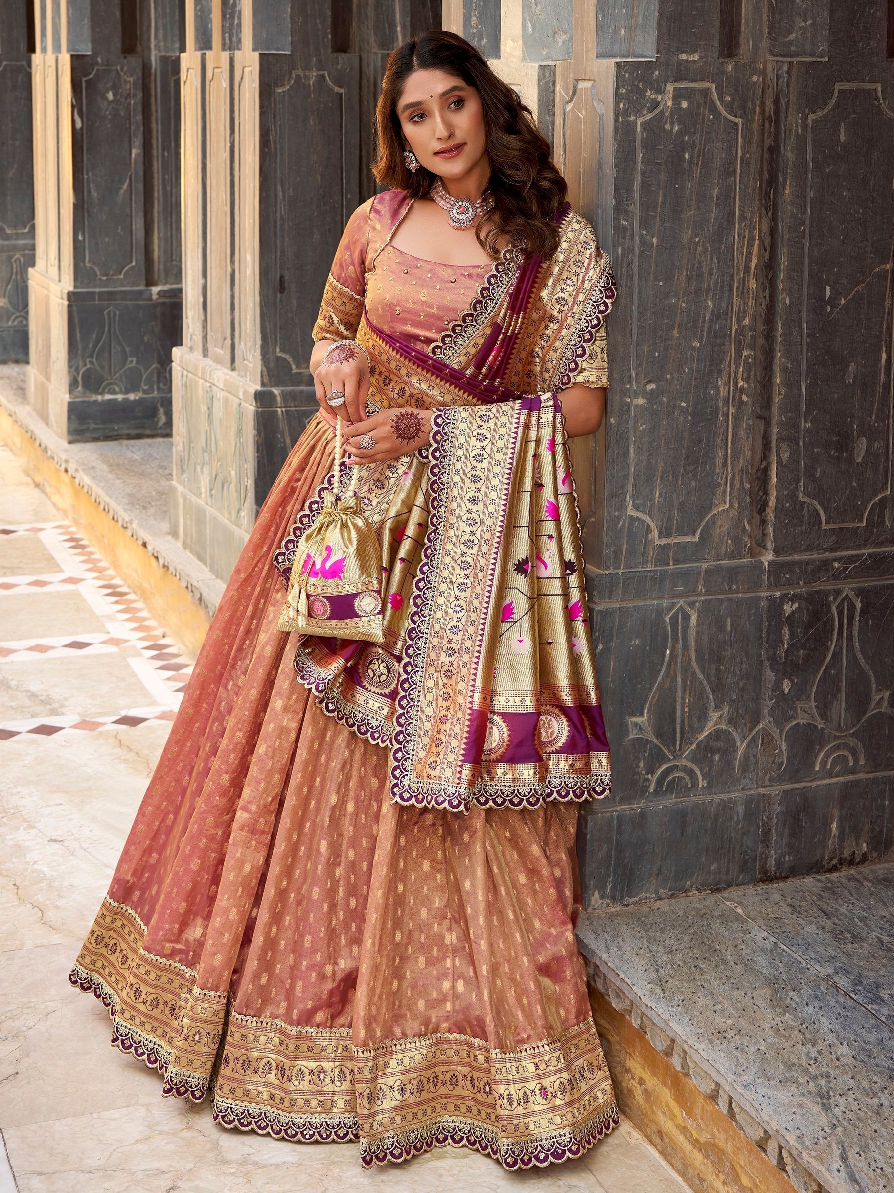 Peach Silk Zari Weaving Wedding Lehenga Choli With Dupatta