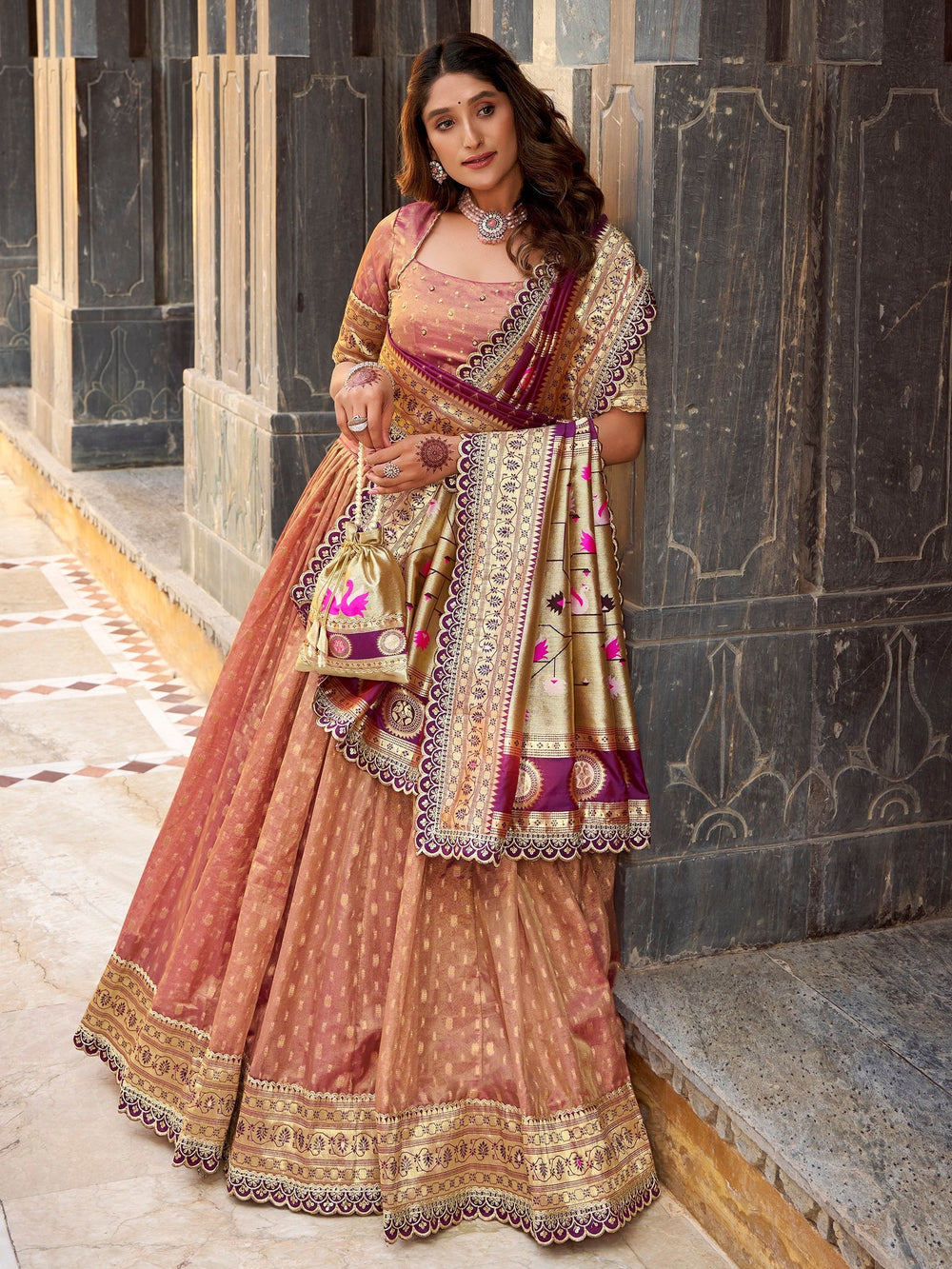Peach Silk Zari Weaving Wedding Lehenga Choli With Dupatta
