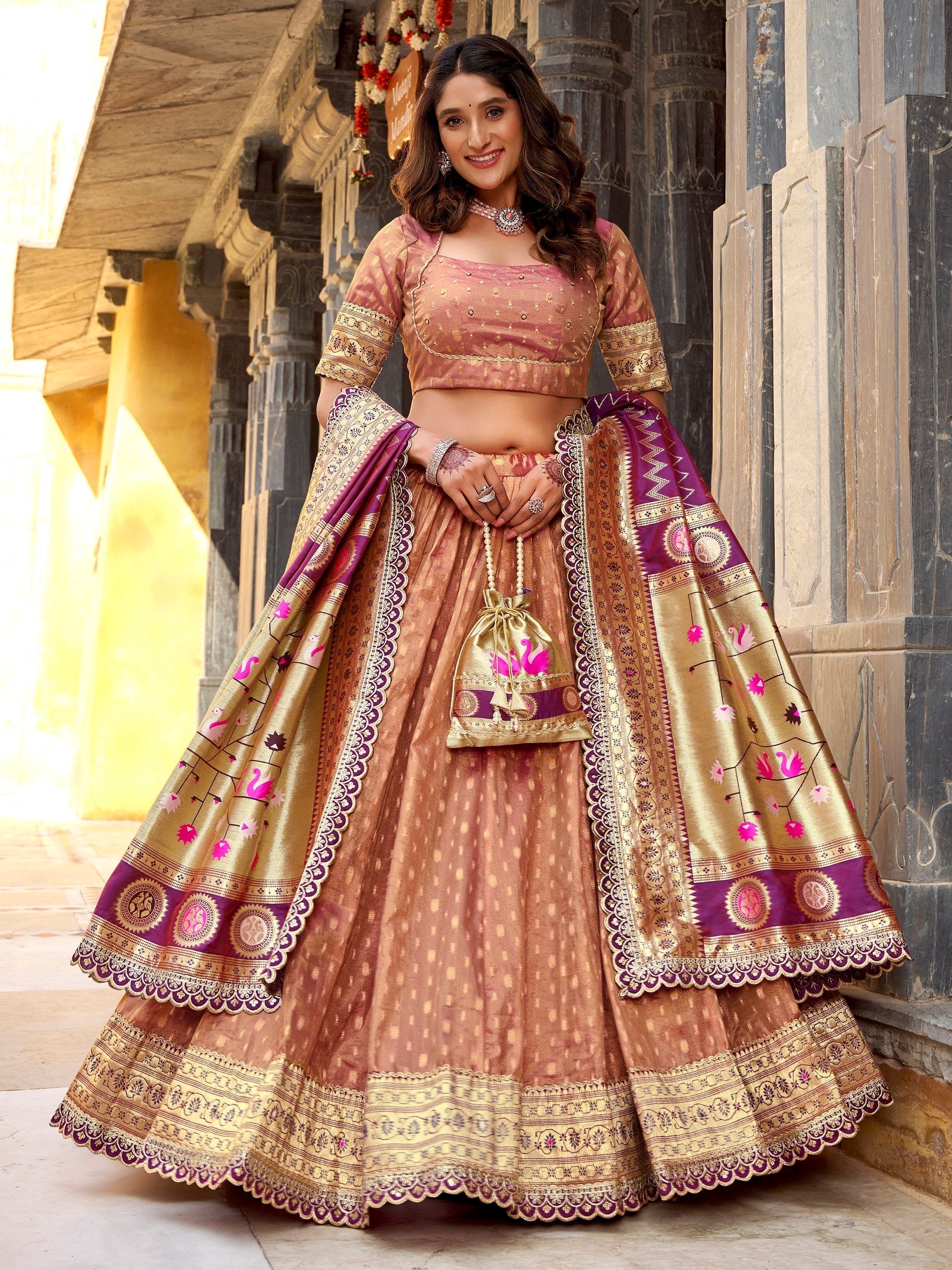 Peach Silk Zari Weaving Wedding Lehenga Choli With Dupatta