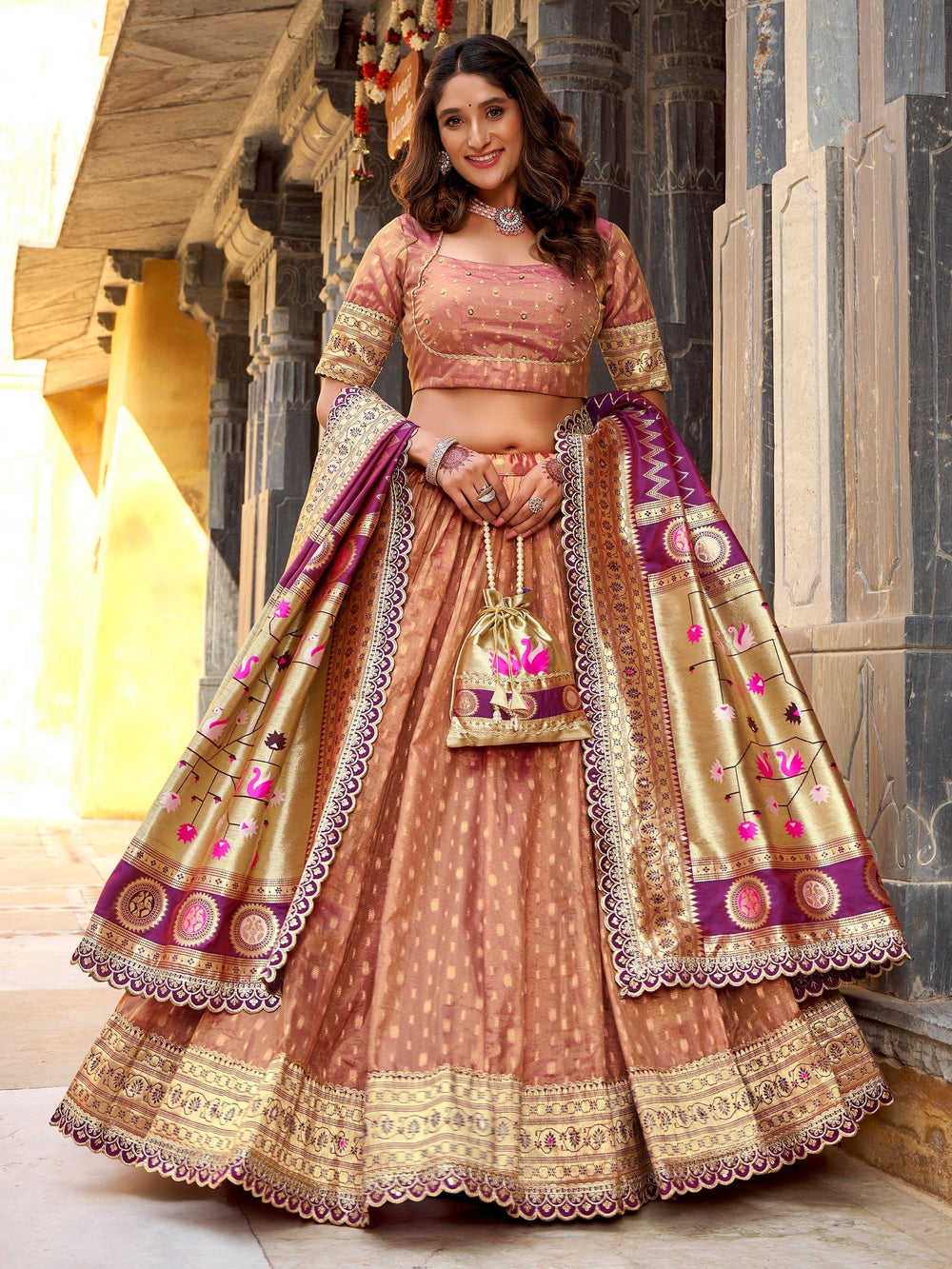Peach Silk Zari Weaving Wedding Lehenga Choli With Dupatta