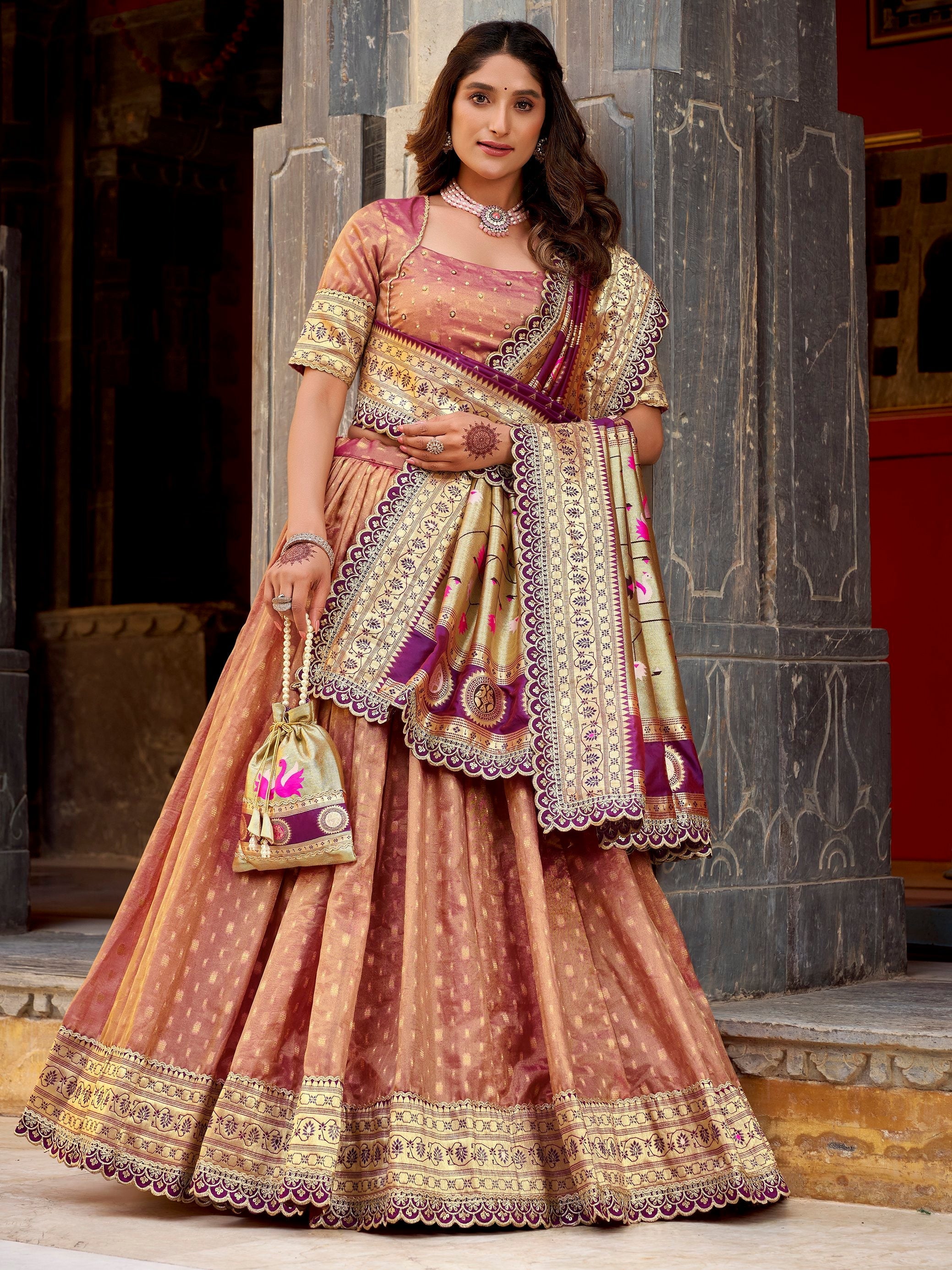 Peach Silk Zari Weaving Wedding Lehenga Choli With Dupatta