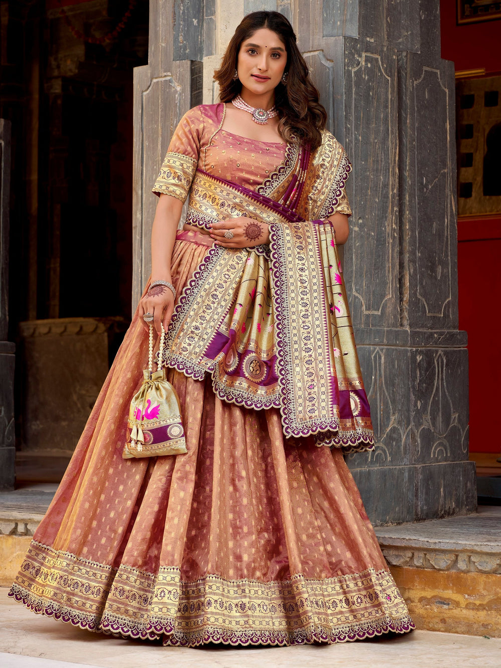 Peach Silk Zari Weaving Wedding Lehenga Choli With Dupatta