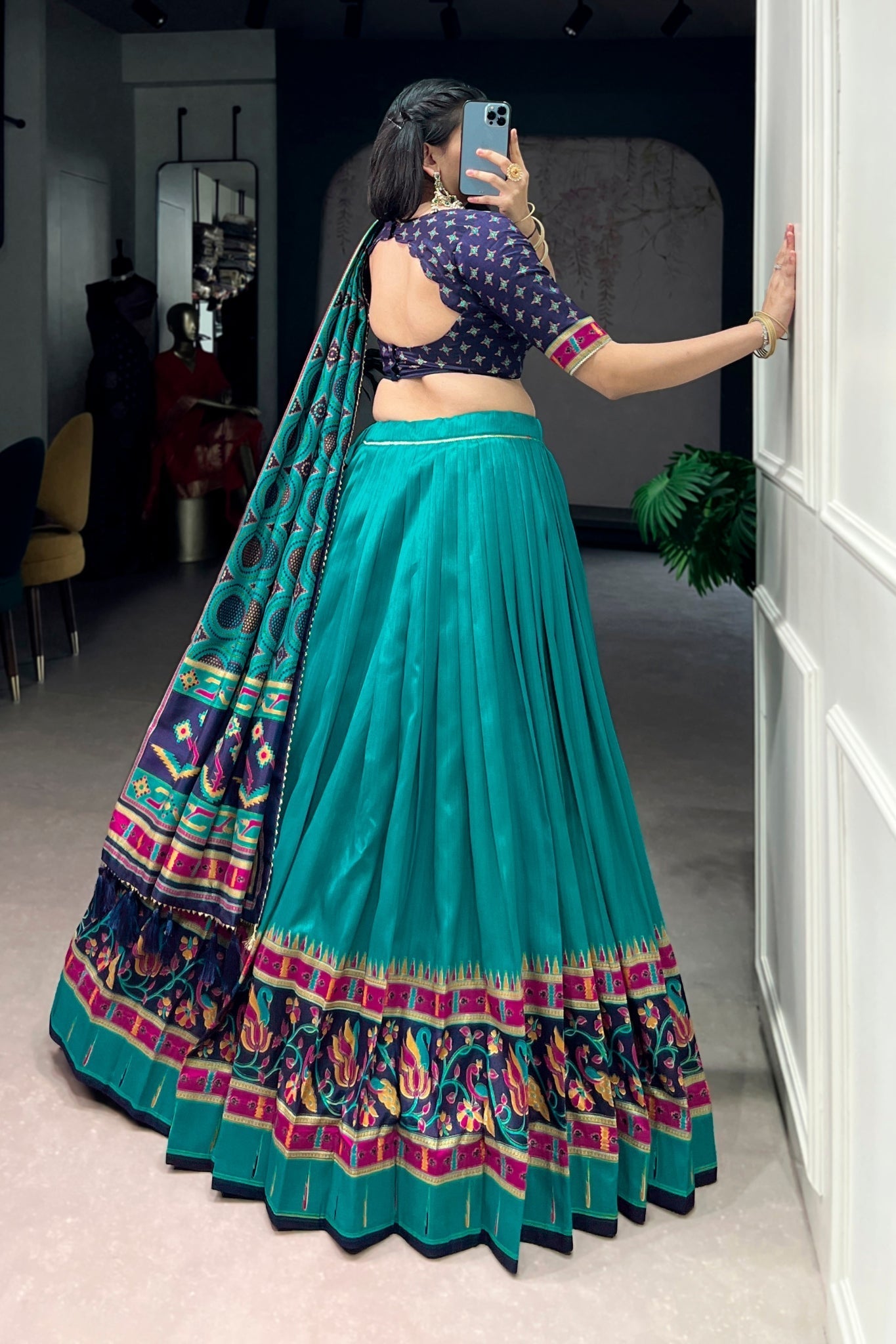 Sky Blue Printed Tasar Silk Festive Lehenga Choli for Women