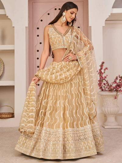 Beige Embroidered Net Festive Wear Lehenga Choli for Women
