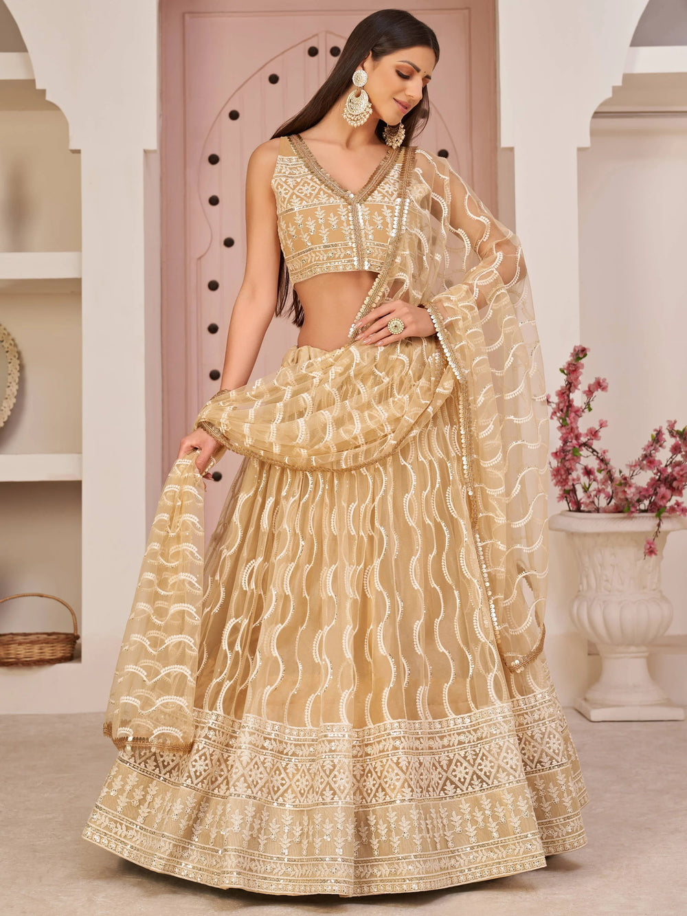 Beige Embroidered Net Festive Wear Lehenga Choli for Women