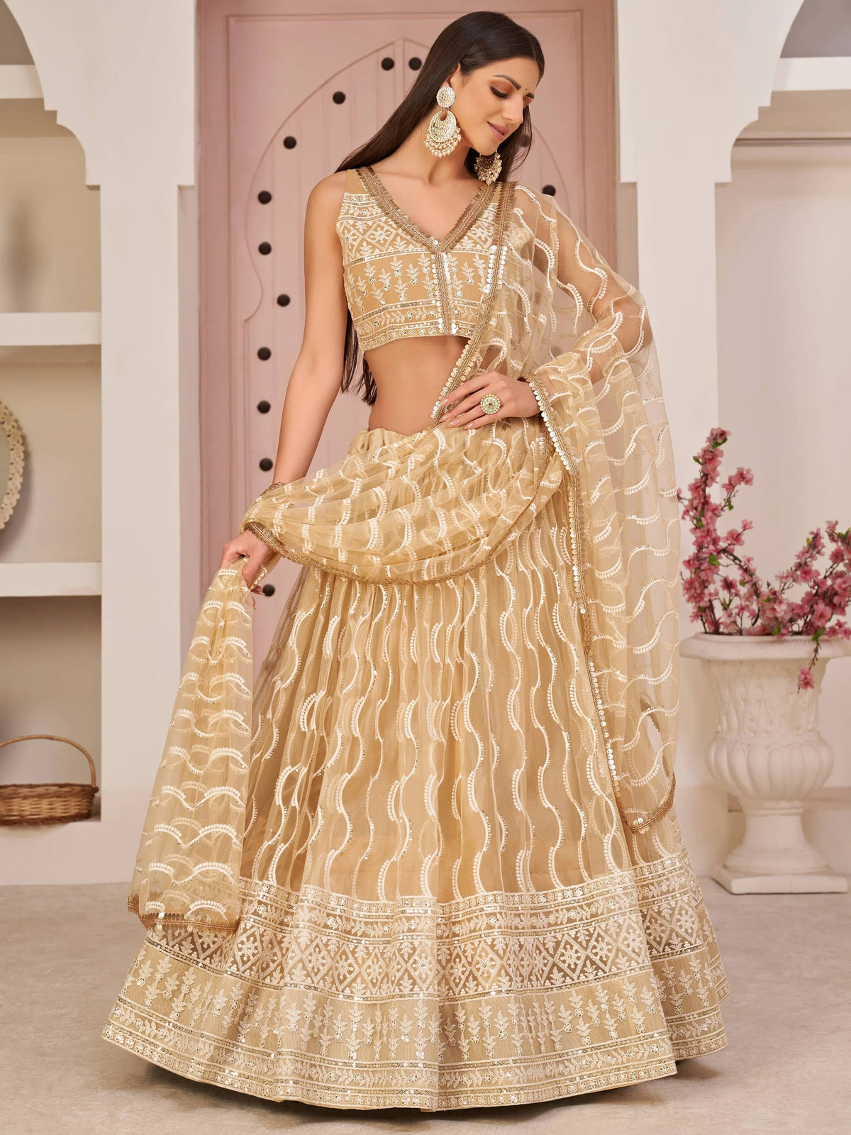 Beige Embroidered Net Festive Wear Lehenga Choli for Women