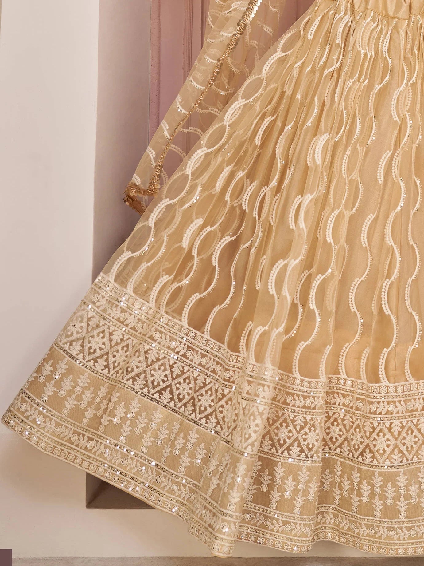 Beige Embroidered Net Festive Wear Lehenga Choli for Women