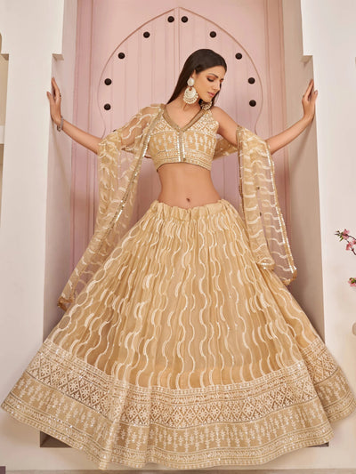 Beige Embroidered Net Festive Wear Lehenga Choli for Women