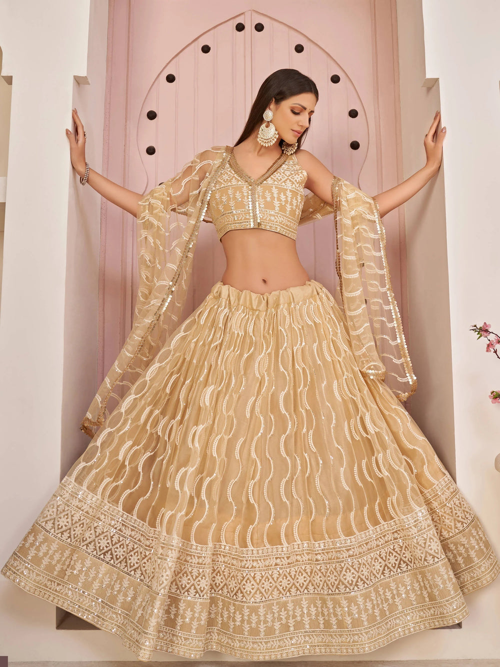 Beige Embroidered Net Festive Wear Lehenga Choli for Women