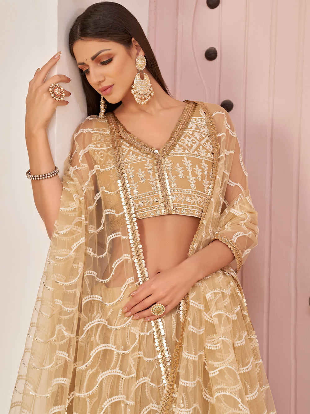 Beige Embroidered Net Festive Wear Lehenga Choli for Women
