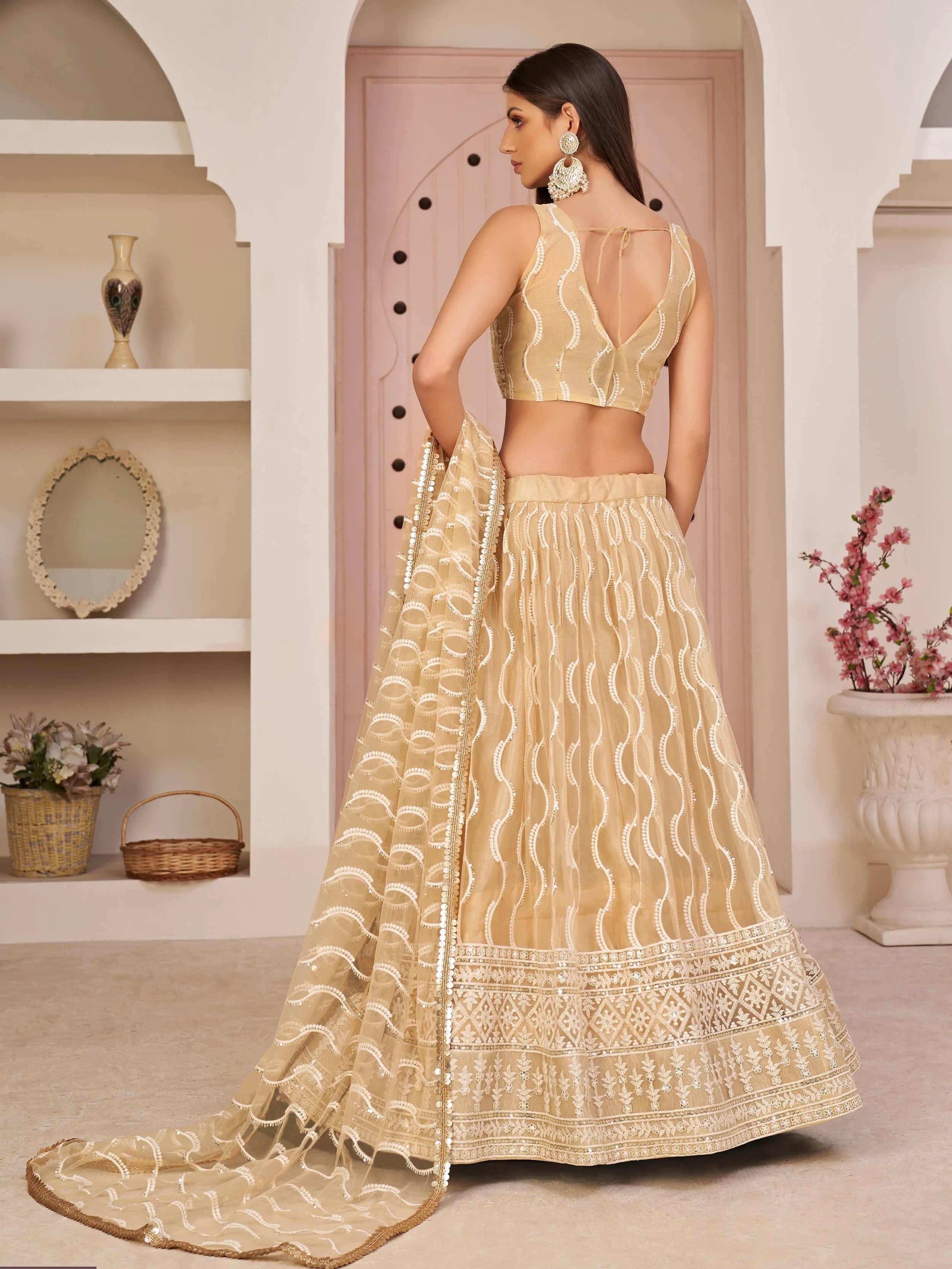 Beige Embroidered Net Festive Wear Lehenga Choli for Women