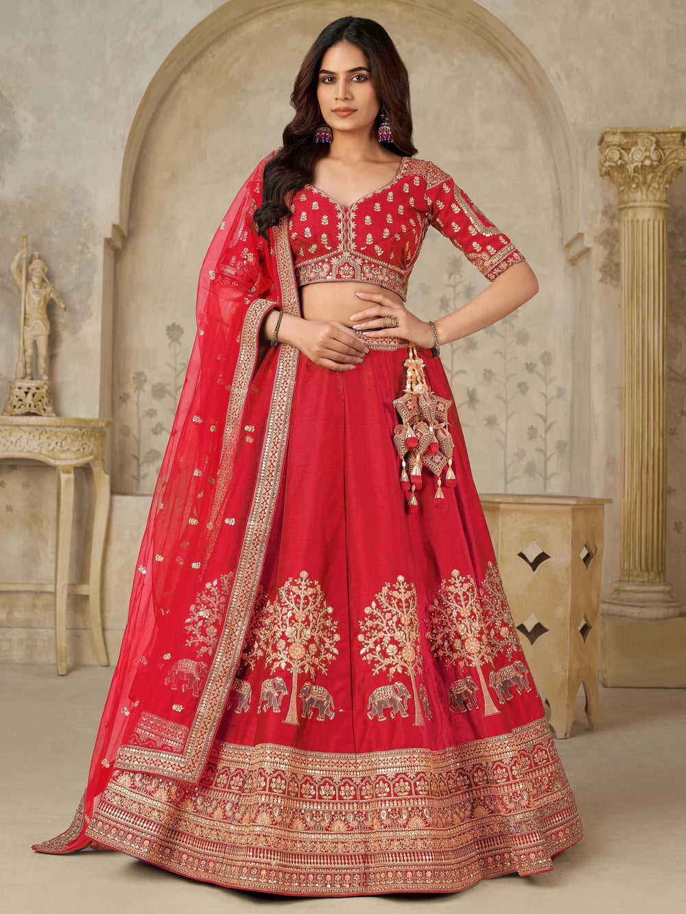 Red Bewitching Sequins Silk Engagement Wear Lehenga Choli With Dupatta for Women