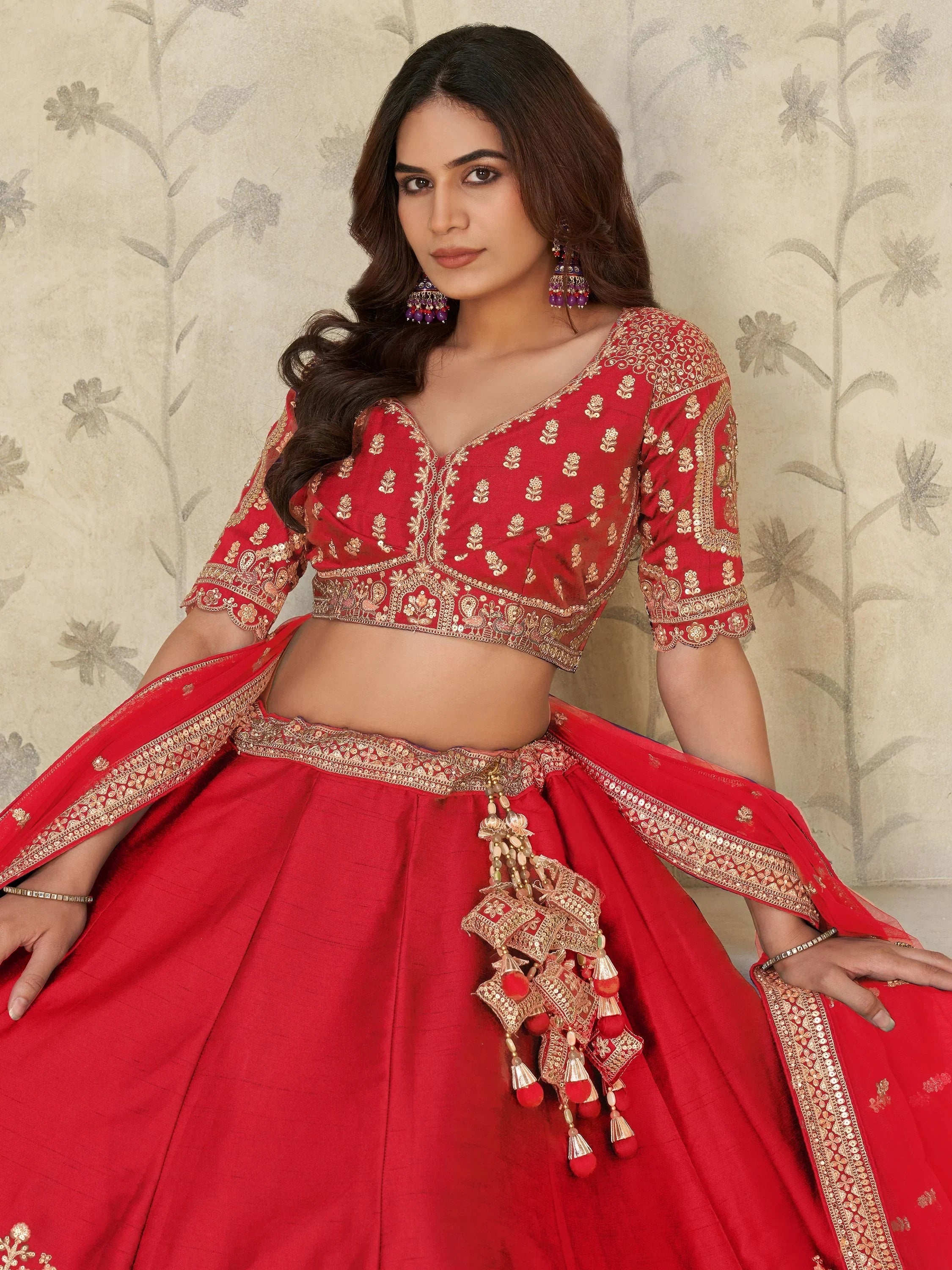 Red Bewitching Sequins Silk Engagement Wear Lehenga Choli With Dupatta for Women