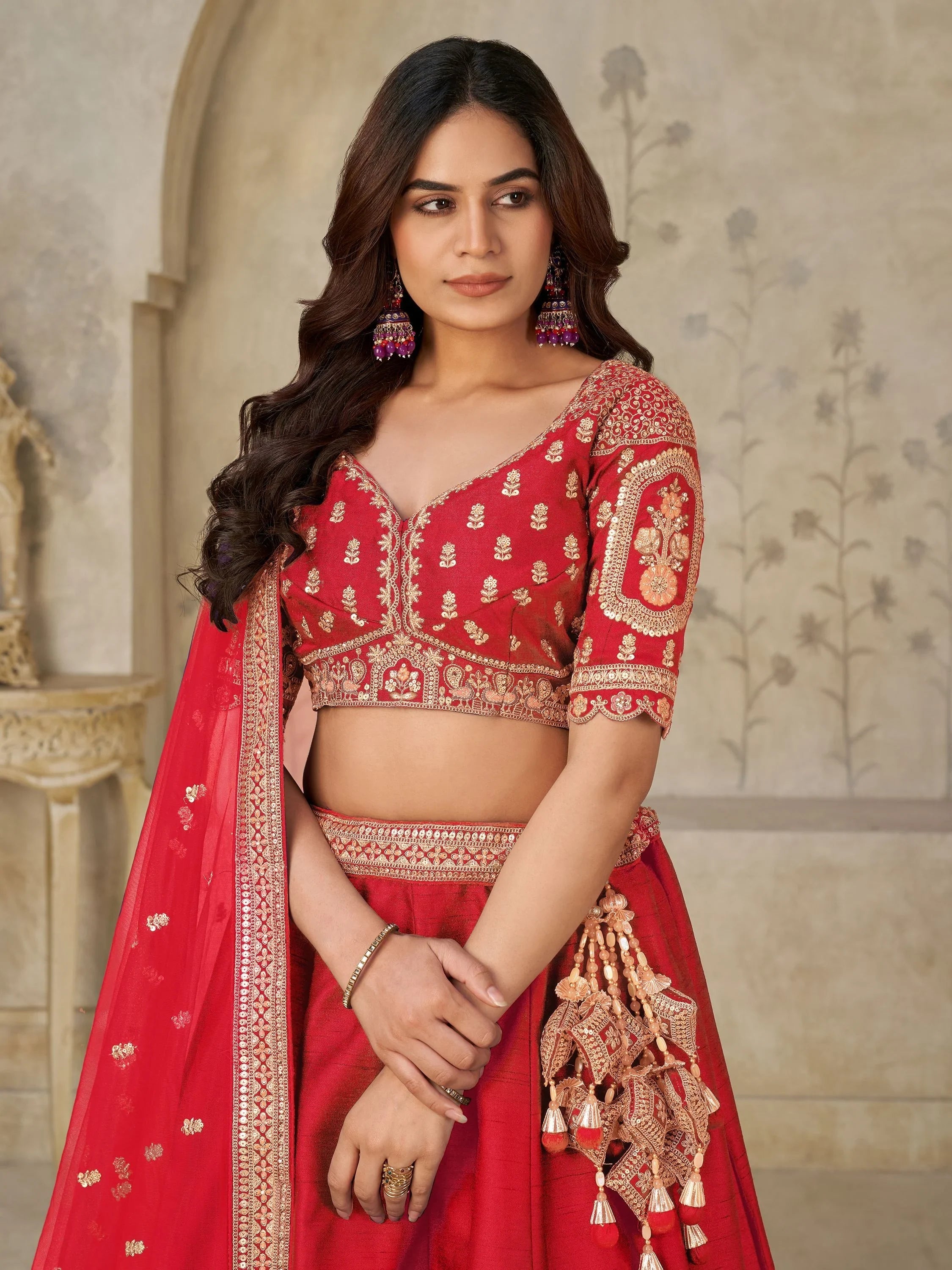 Red Bewitching Sequins Silk Engagement Wear Lehenga Choli With Dupatta for Women