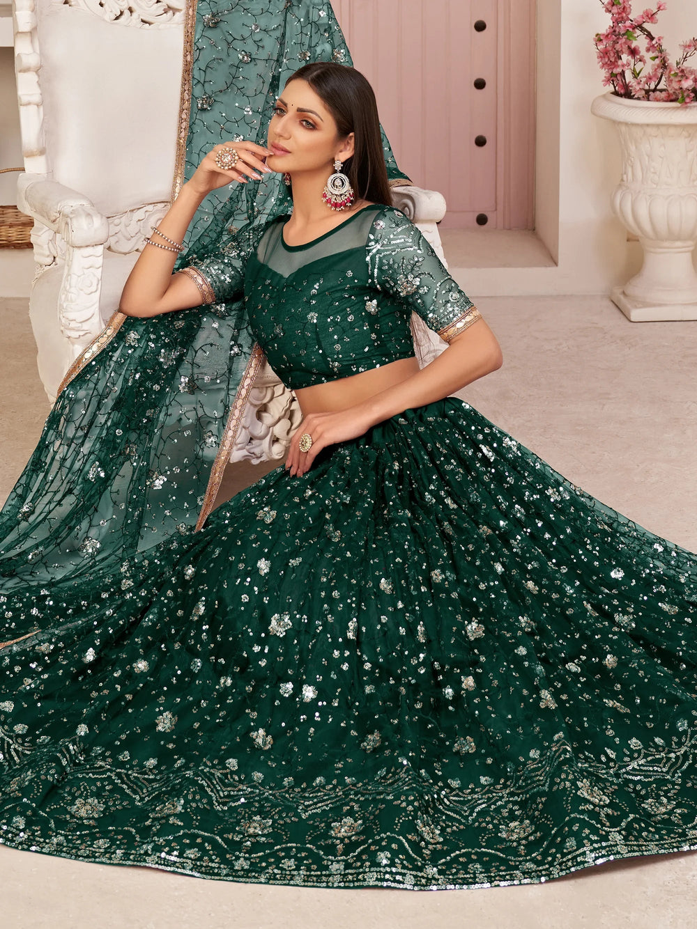 Bottle Green Magnicifent Sequins Embroidered Net Lehenga Choli for Women
