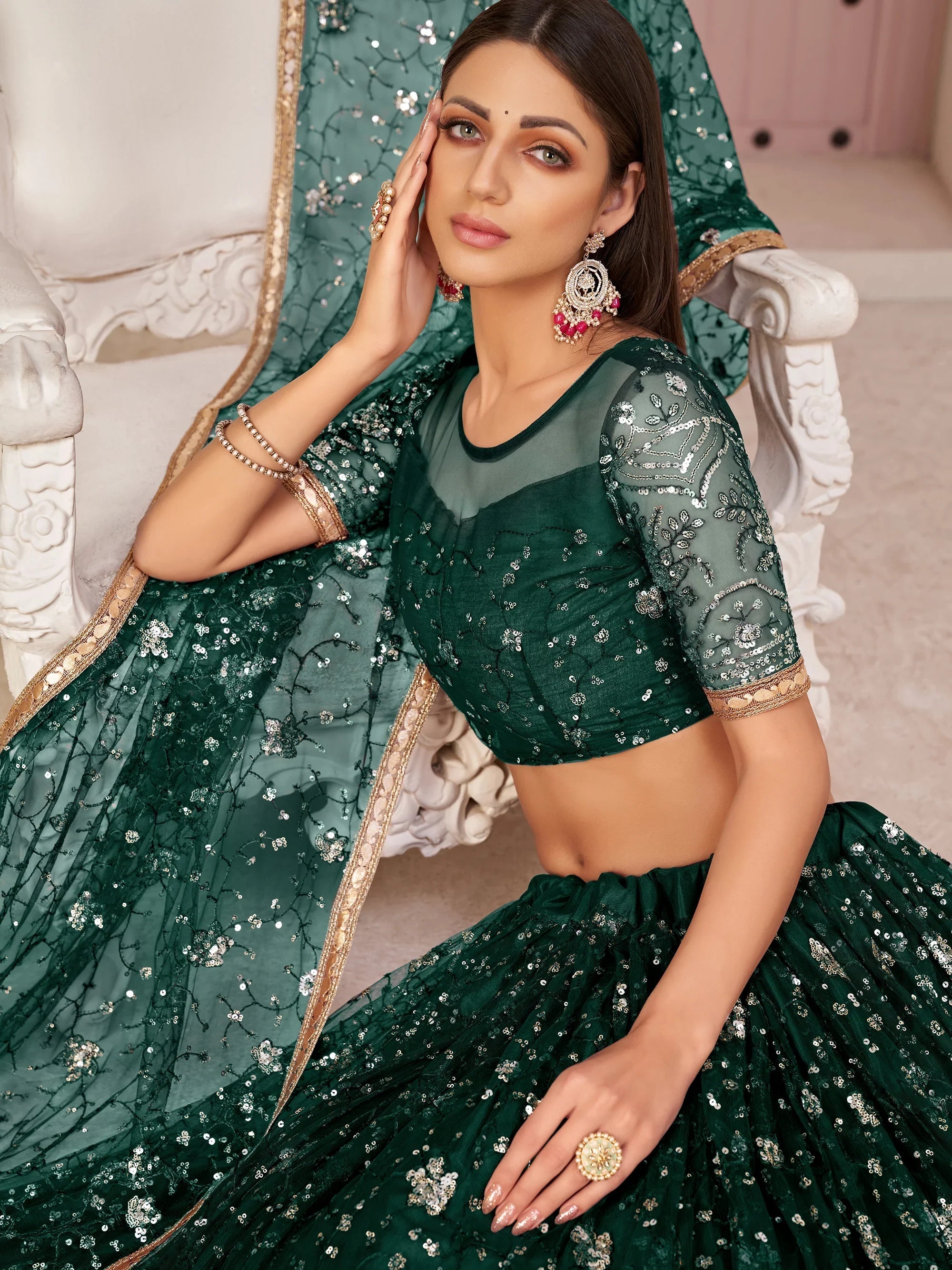 Bottle Green Magnicifent Sequins Embroidered Net Lehenga Choli for Women