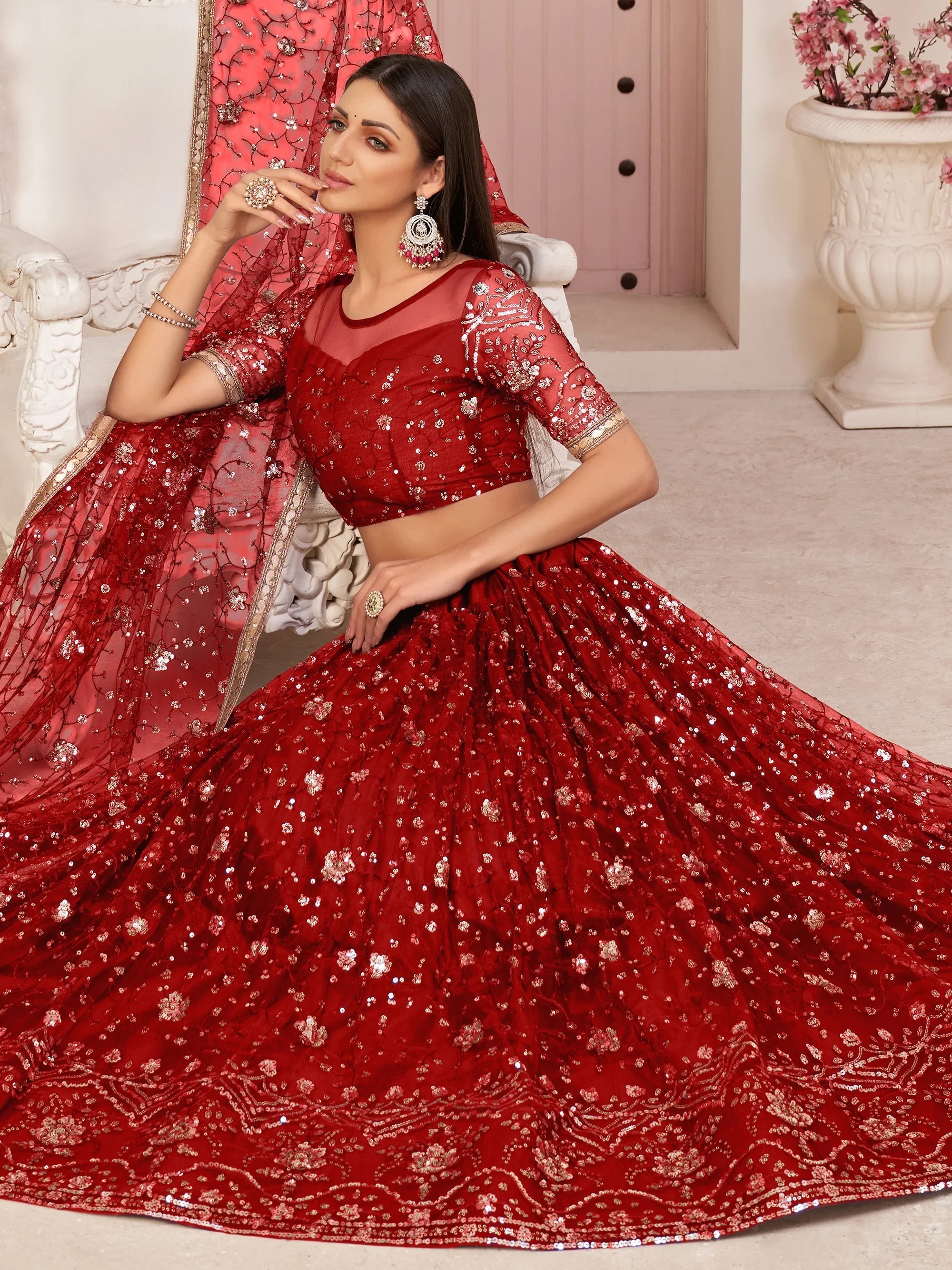 Red Magnicifent Sequins Embroidered Net Lehenga Choli for Women