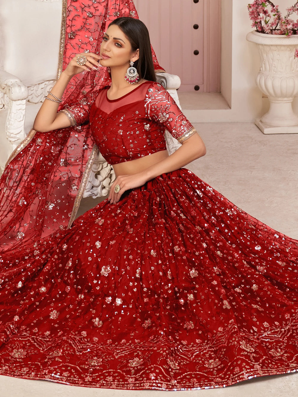Red Magnicifent Sequins Embroidered Net Lehenga Choli for Women