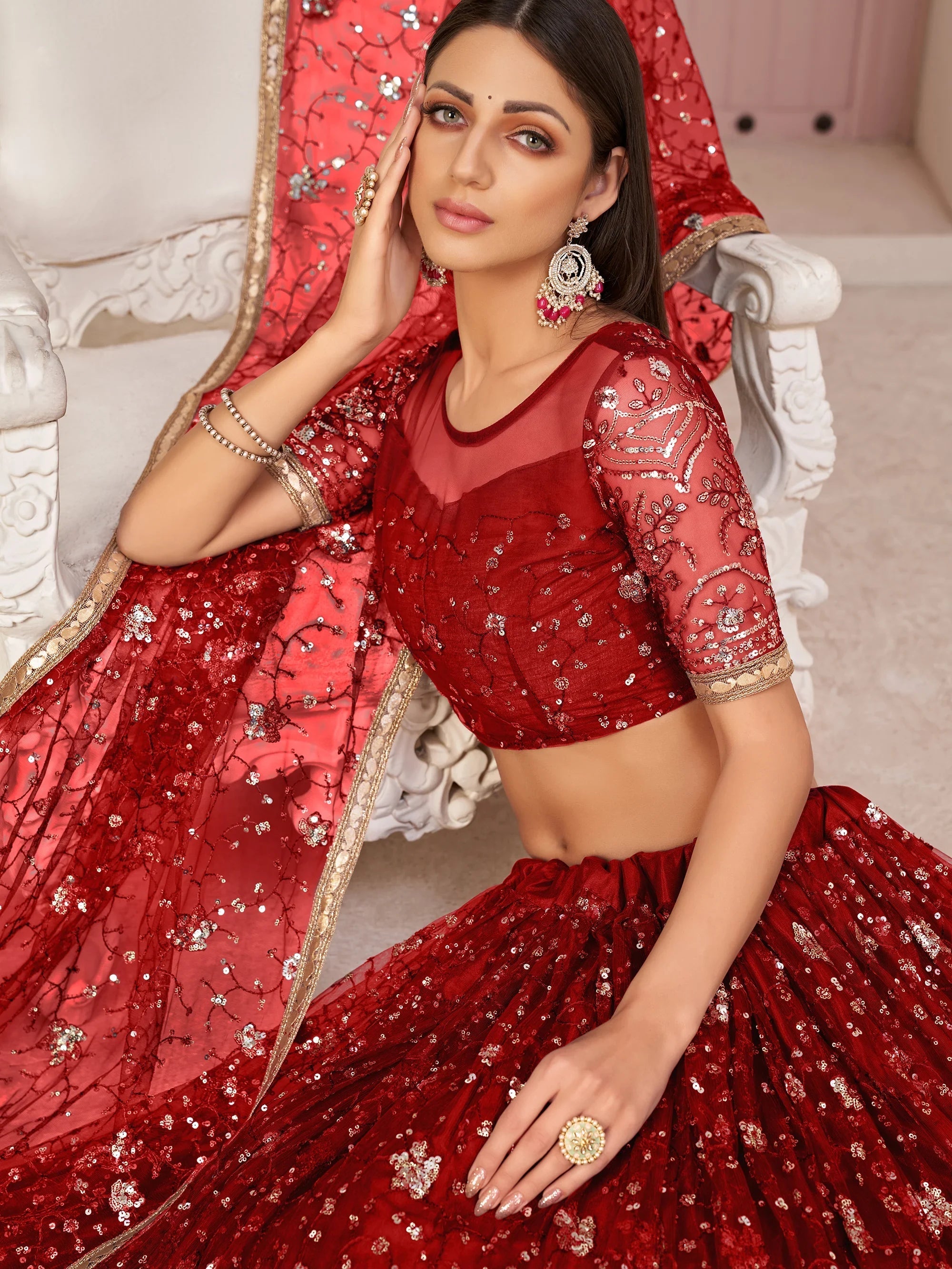 Red Magnicifent Sequins Embroidered Net Lehenga Choli for Women