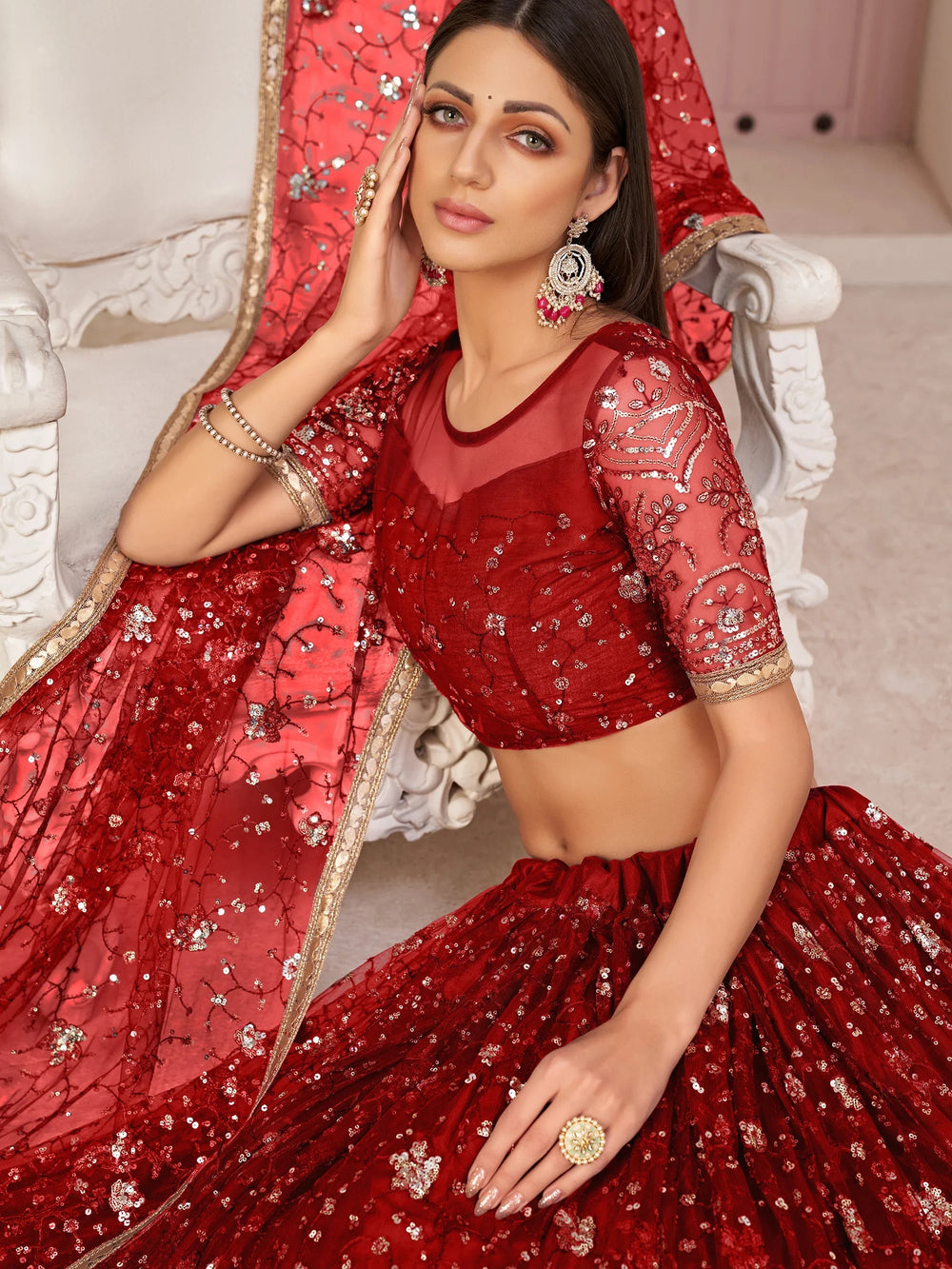 Red Magnicifent Sequins Embroidered Net Lehenga Choli for Women