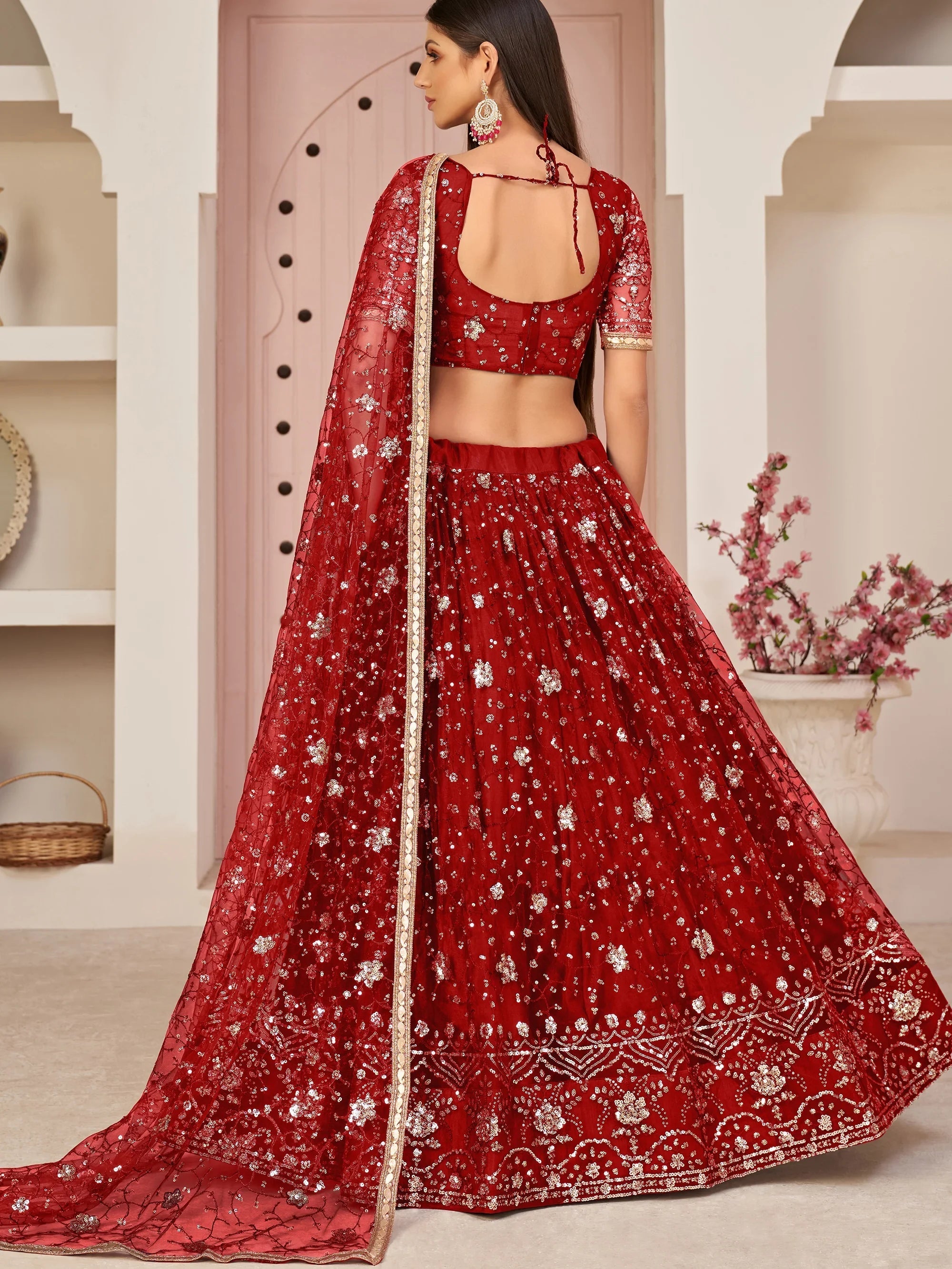 Red Magnicifent Sequins Embroidered Net Lehenga Choli for Women