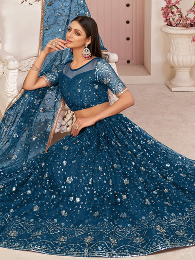 Blue Magnicifent Sequins Embroidered Net Lehenga Choli for Women