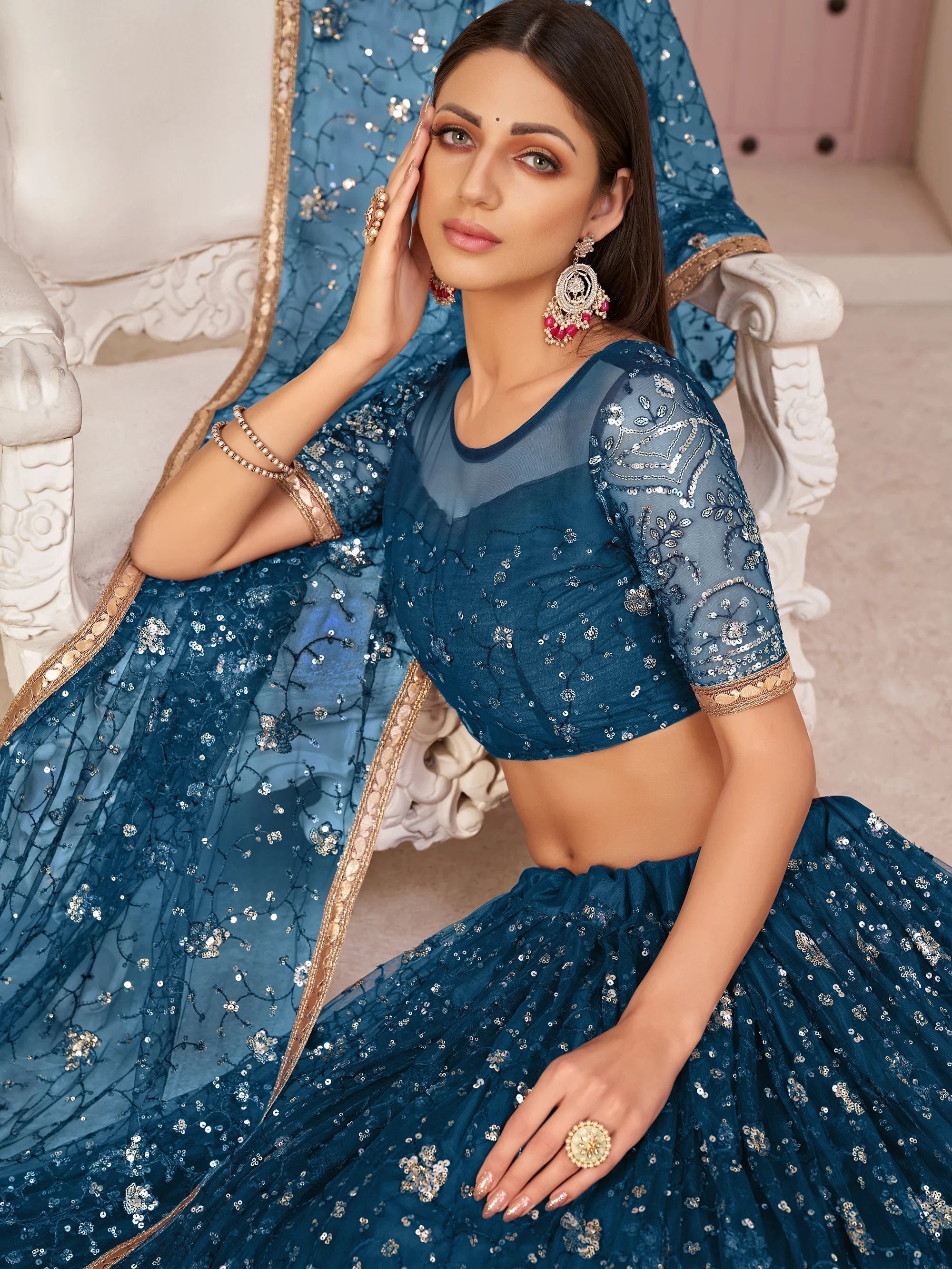 Blue Magnicifent Sequins Embroidered Net Lehenga Choli for Women