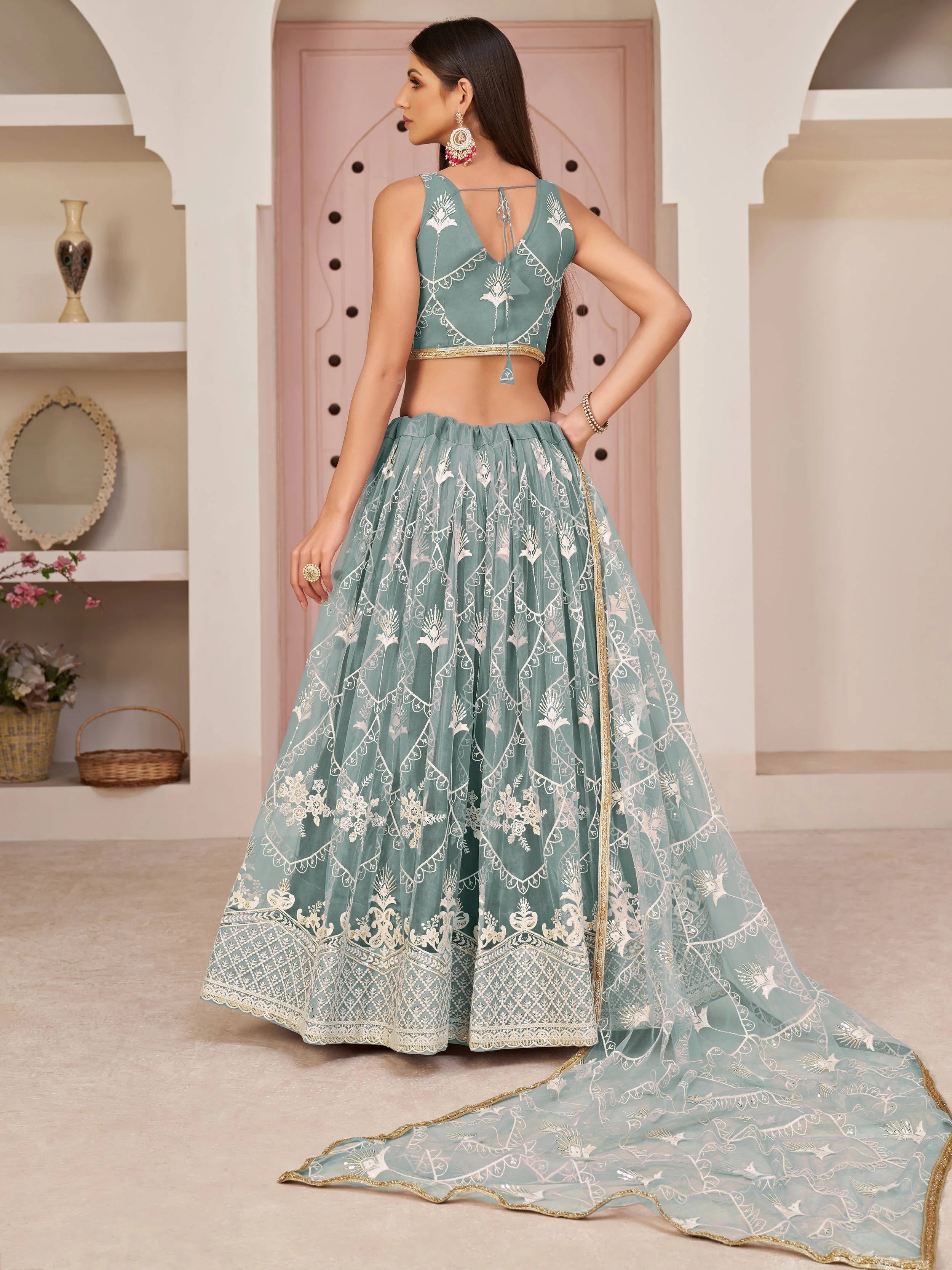 Blue Splendid Thread Embroidered Net Lehenga Choli for Women