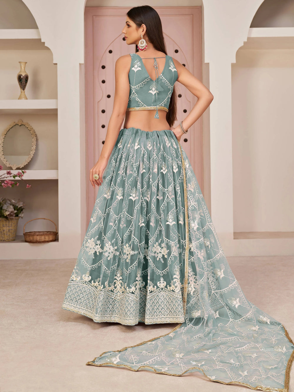 Blue Splendid Thread Embroidered Net Lehenga Choli for Women