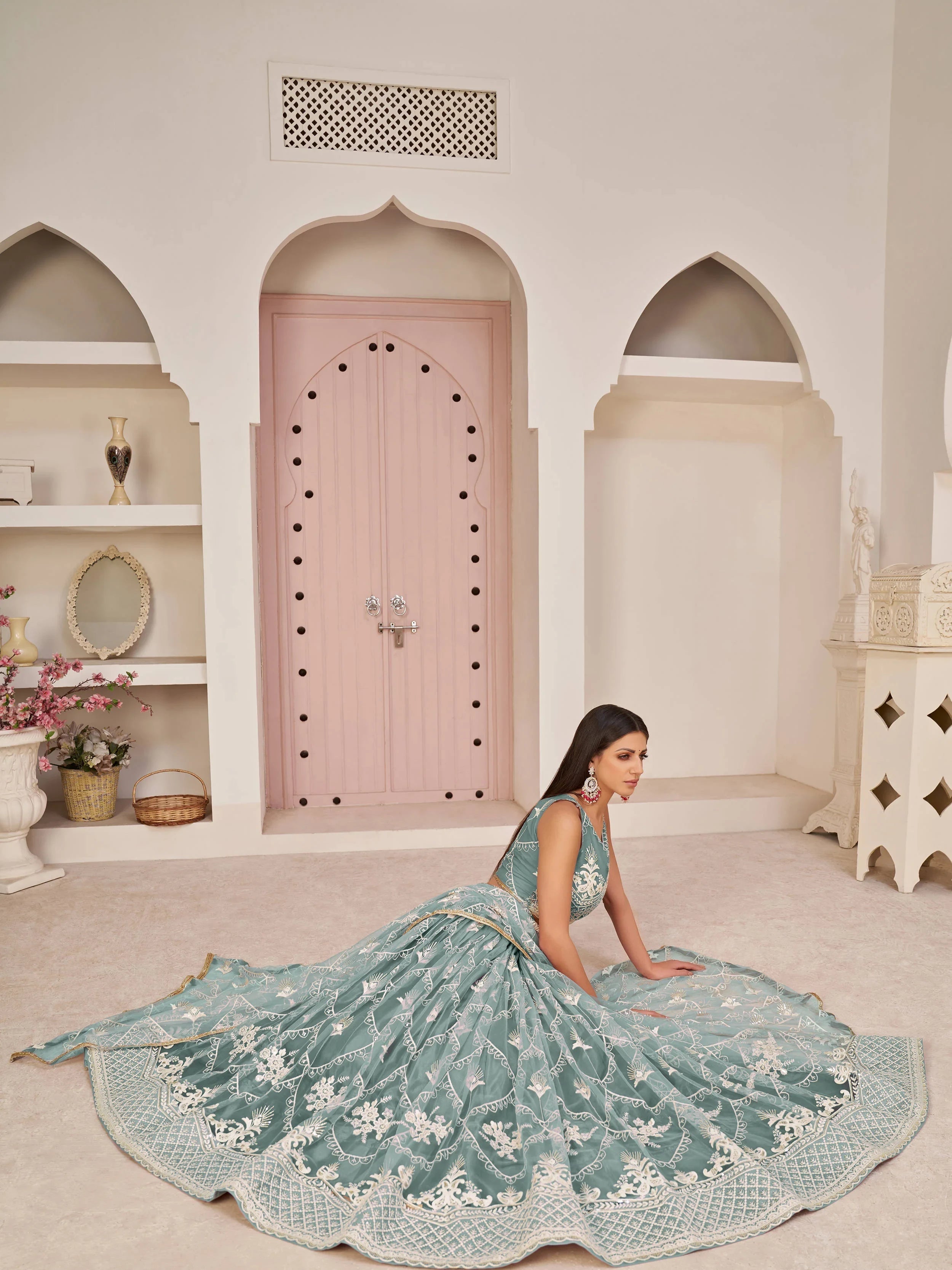 Blue Splendid Thread Embroidered Net Lehenga Choli for Women