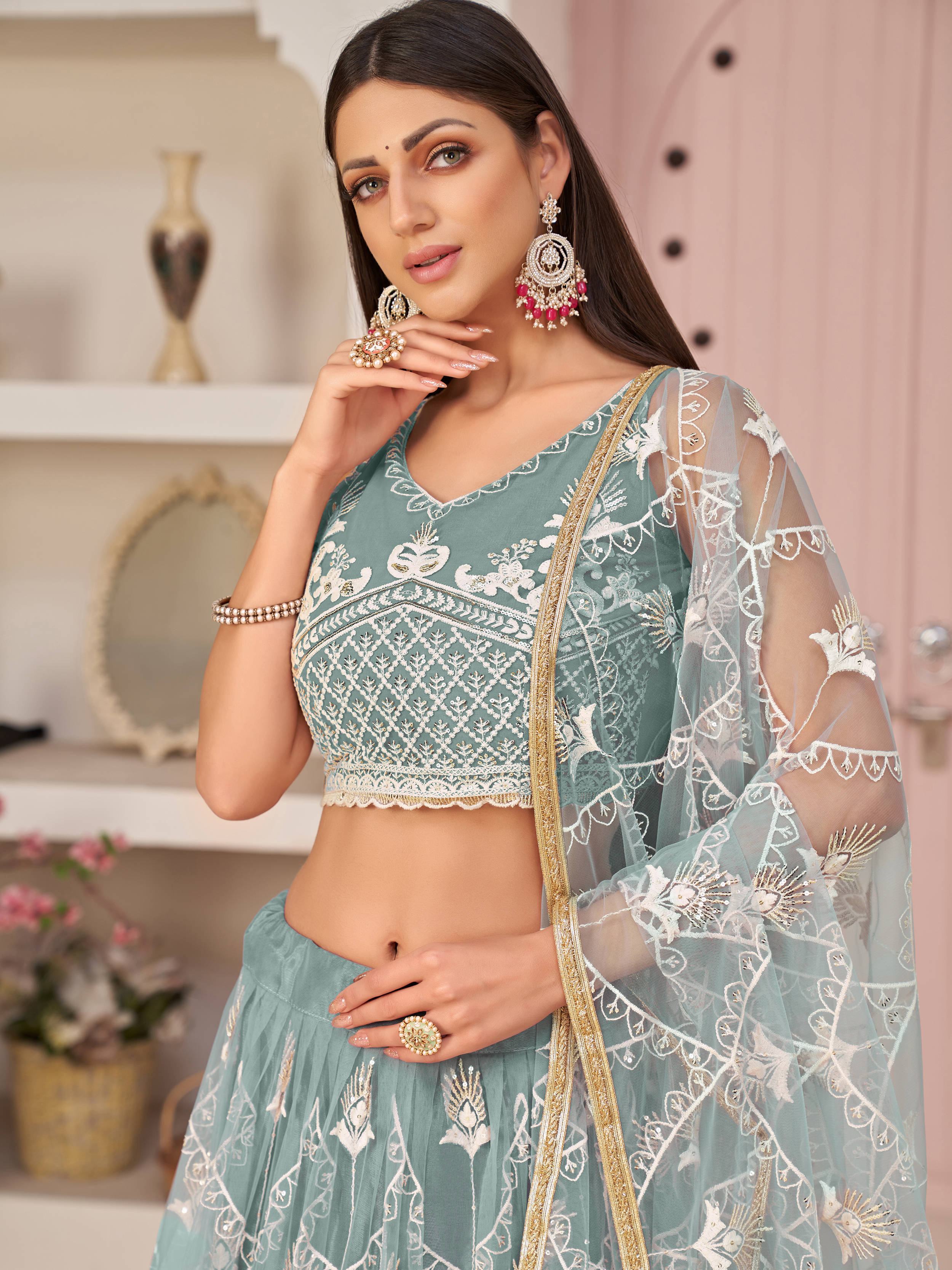 Blue Splendid Thread Embroidered Net Lehenga Choli for Women