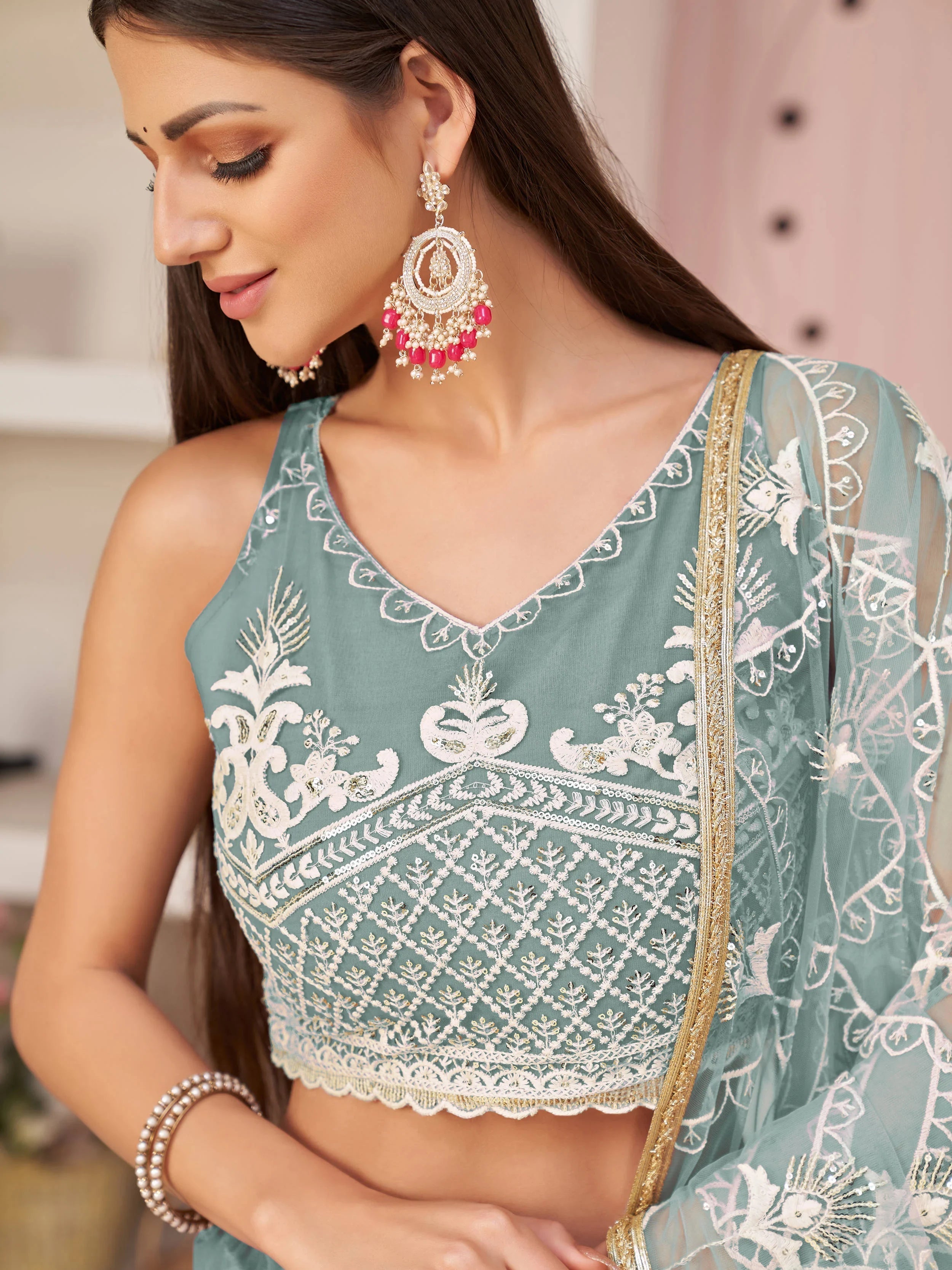 Blue Splendid Thread Embroidered Net Lehenga Choli for Women