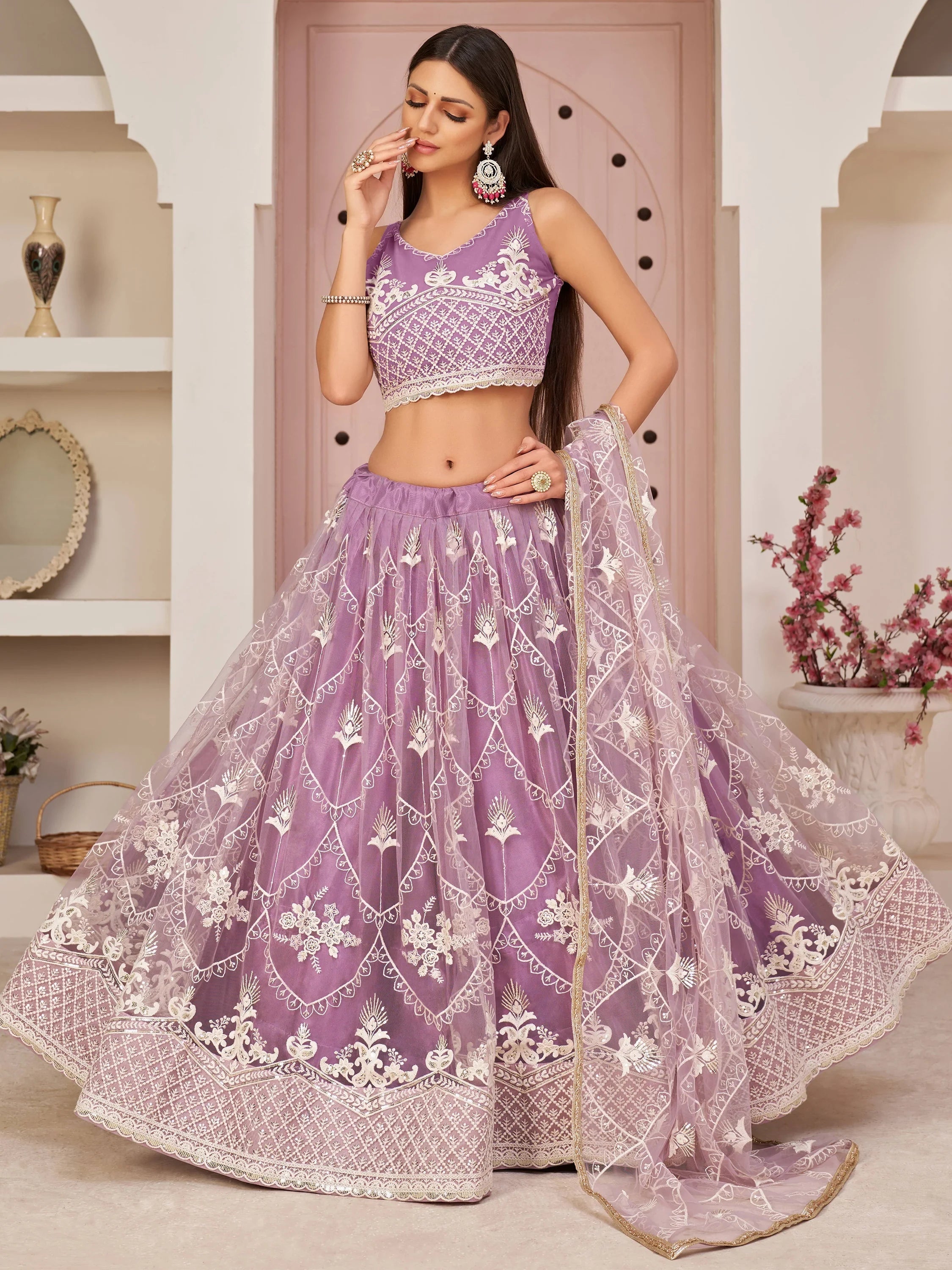 Purple Splendid Thread Embroidered Net Lehenga Choli for Women