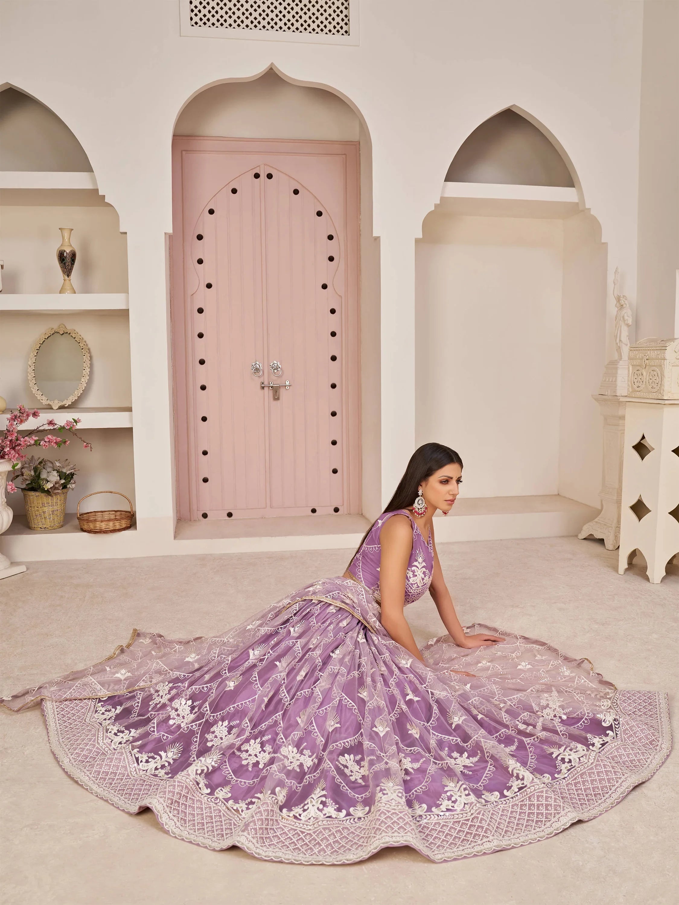 Purple Splendid Thread Embroidered Net Lehenga Choli for Women