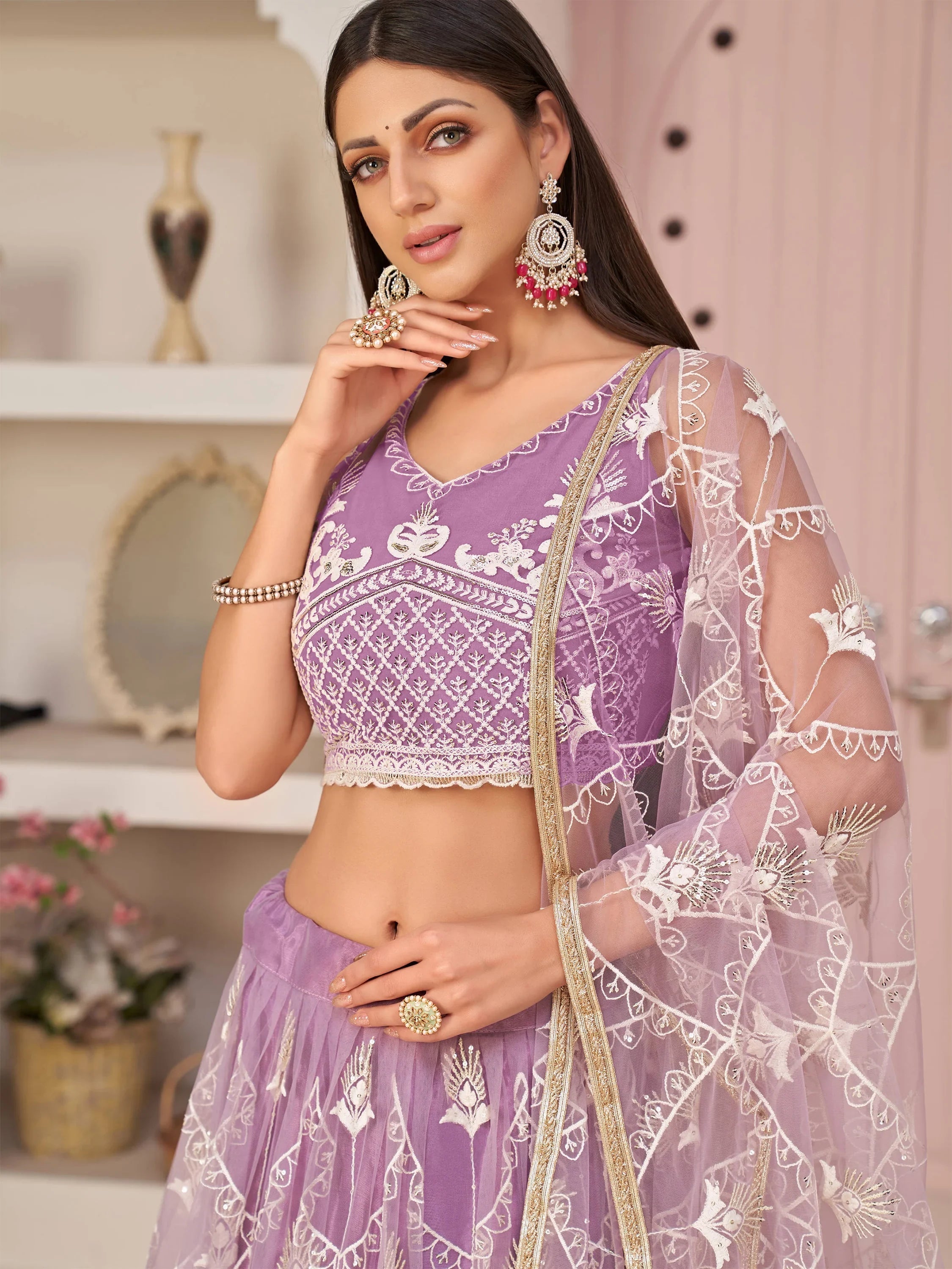 Purple Splendid Thread Embroidered Net Lehenga Choli for Women