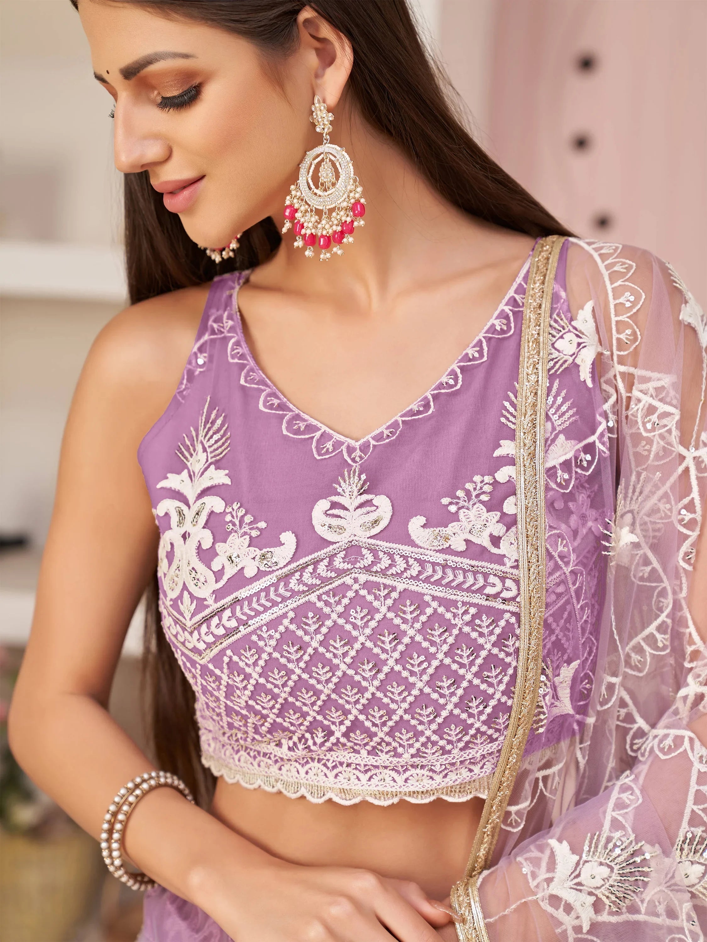 Purple Splendid Thread Embroidered Net Lehenga Choli for Women