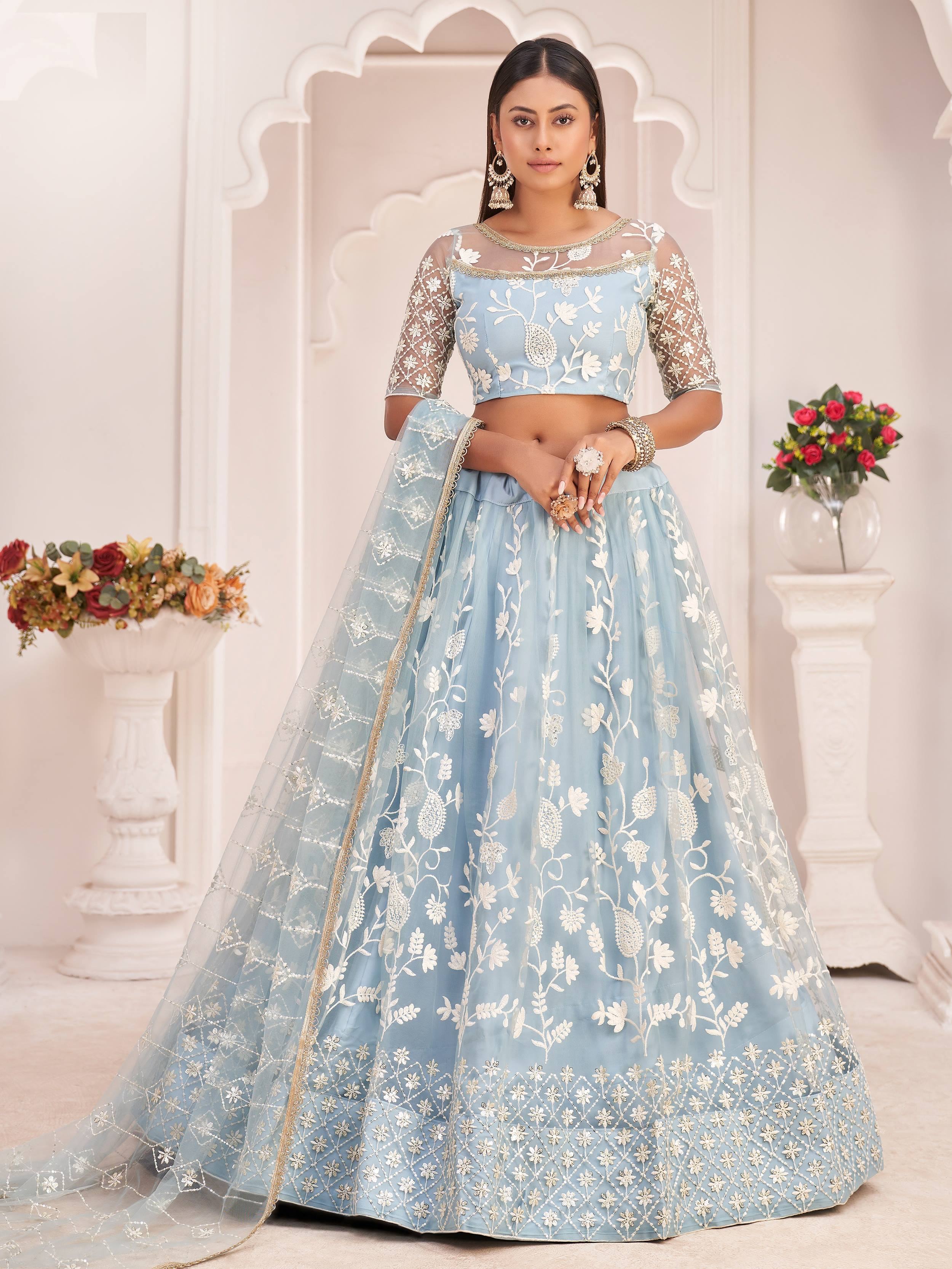 Sky Blue Light Butterfly Net Cotton Thread Party Wear Lehenga