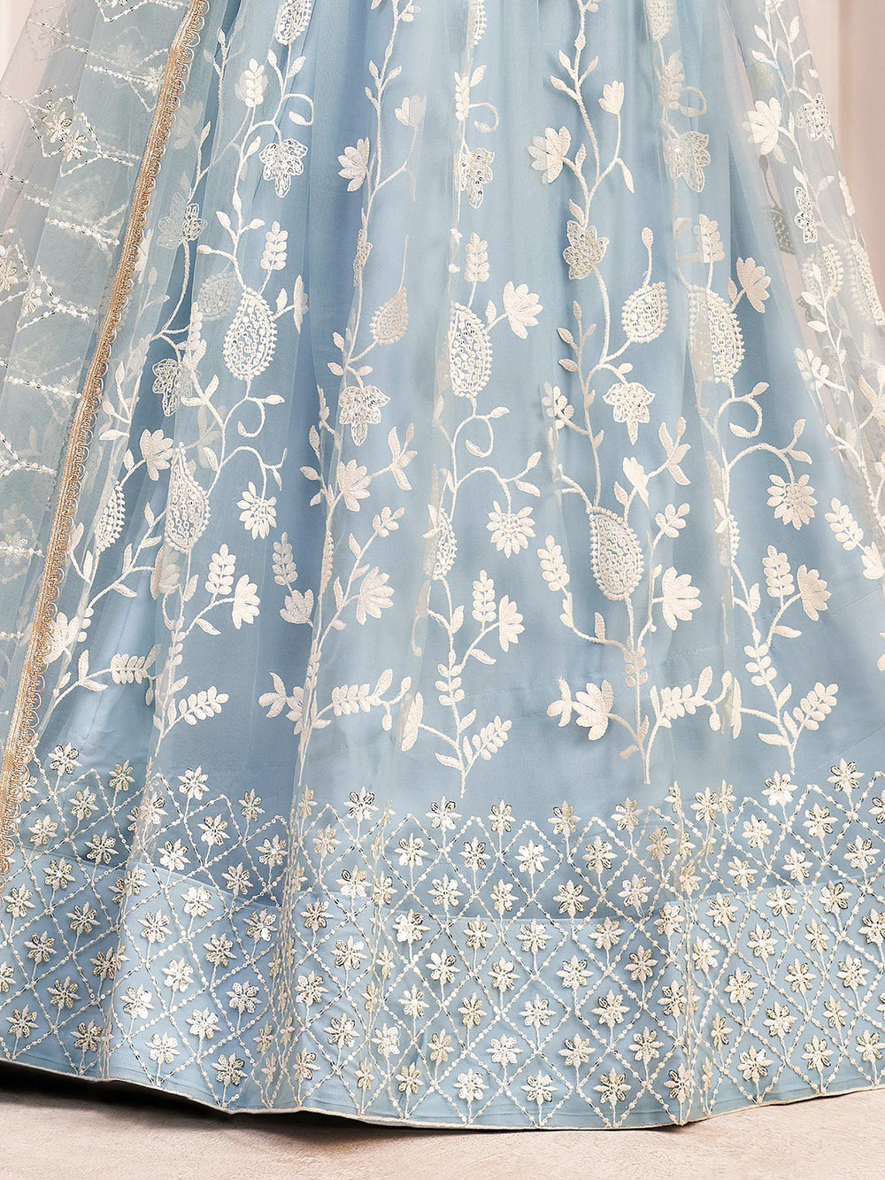 Sky Blue Light Butterfly Net Cotton Thread Party Wear Lehenga